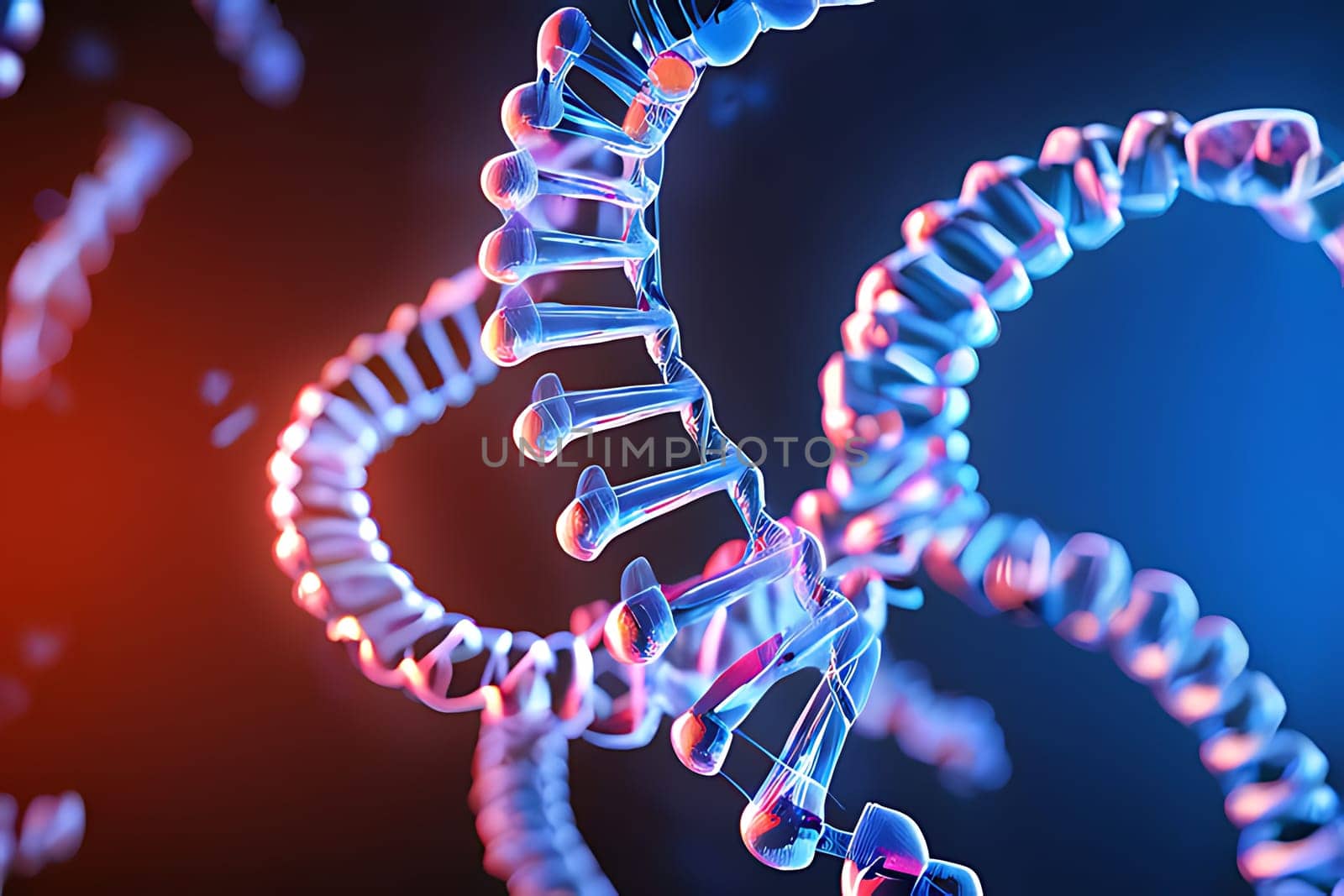 A dna strand with red and blue lights. High quality photo