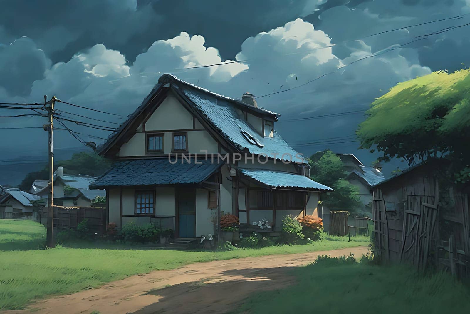 A house with a blue roof and a dirt road. High quality photo