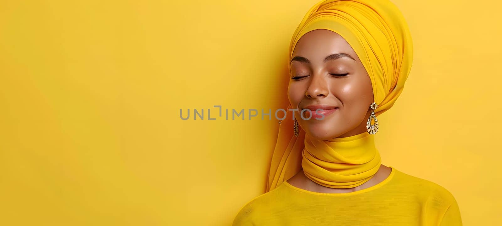 A woman with long hair wearing a yellow hijab and shirt is smiling with her eyes closed. Her jaw is relaxed, and she exudes a happy gesture with a hint of a scarf as a fashion accessory