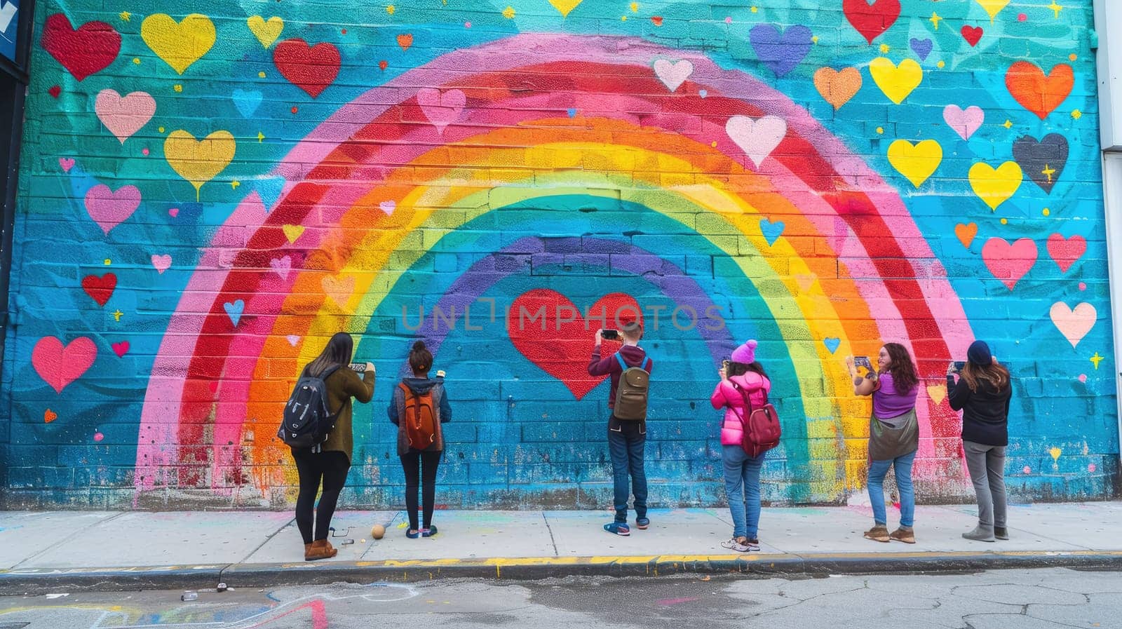 A colorful mural featuring a rainbow and heart motifs, with people taking photos and celebrating around it, capturing the spirit of pride and love.