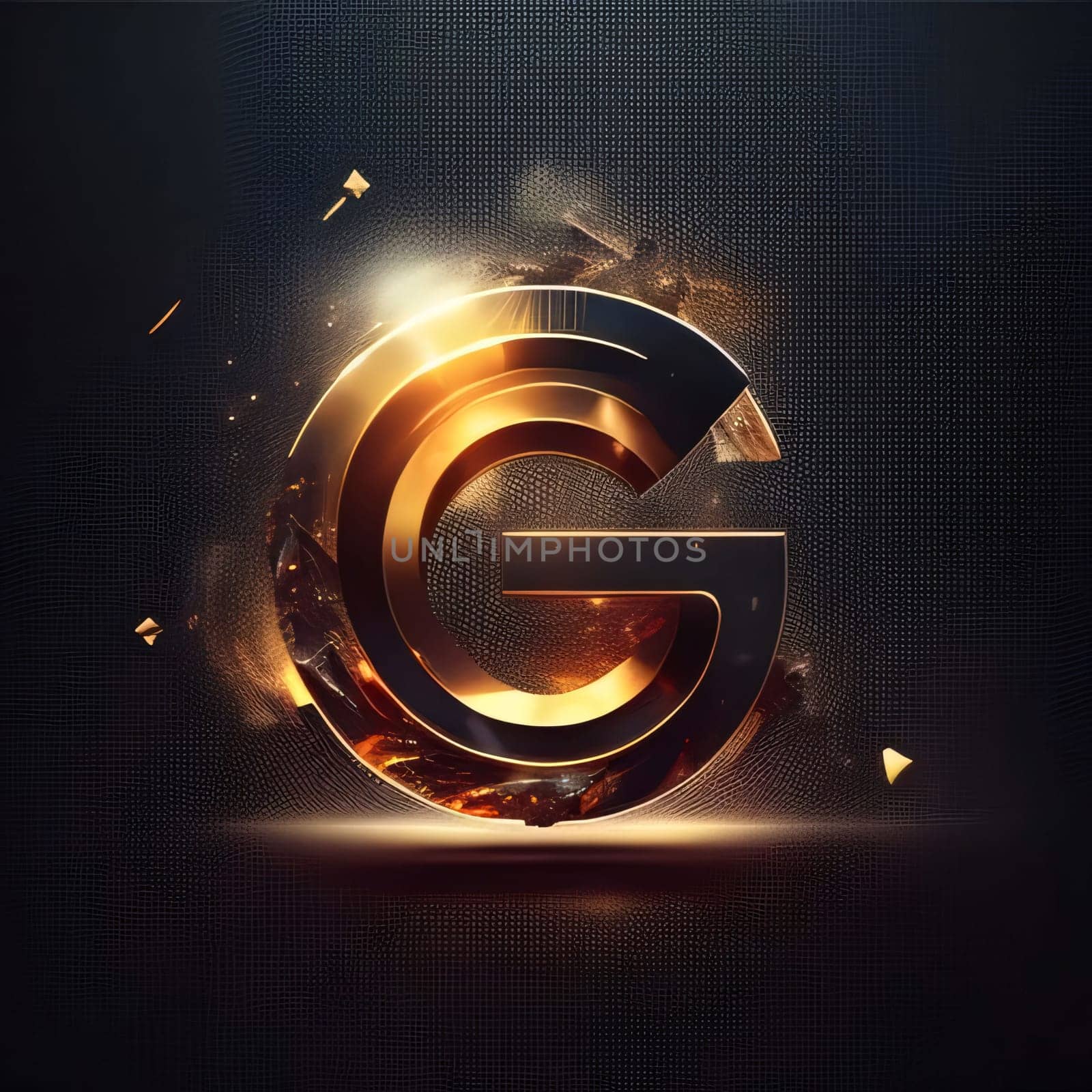 Graphic alphabet letters: Golden letter G on a dark background with particles. Vector illustration.