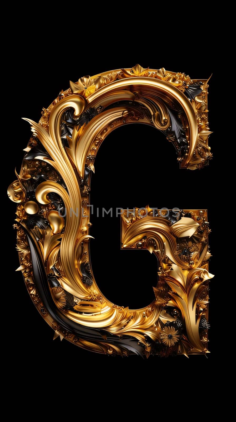Graphic alphabet letters: 3d letter G made of gold in the style of Baroque