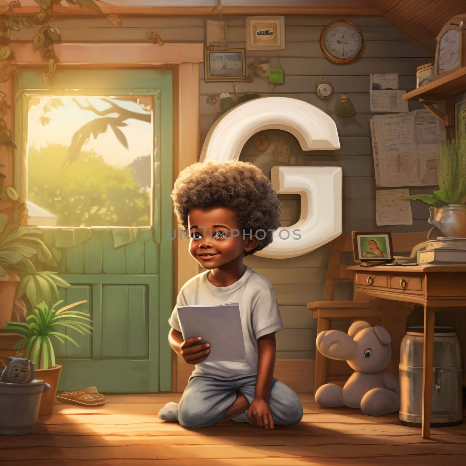 Graphic alphabet letters: Cute african american little boy using digital tablet at home.
