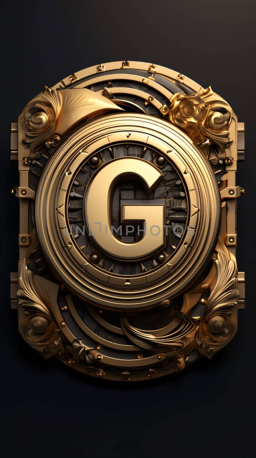 Graphic alphabet letters: Letter G in golden frame on black background. 3D rendering.