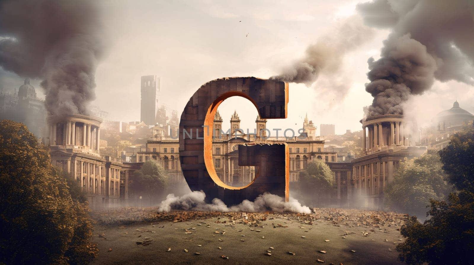 Graphic alphabet letters: Conceptual image of a large city with black smoke coming out of the letter G