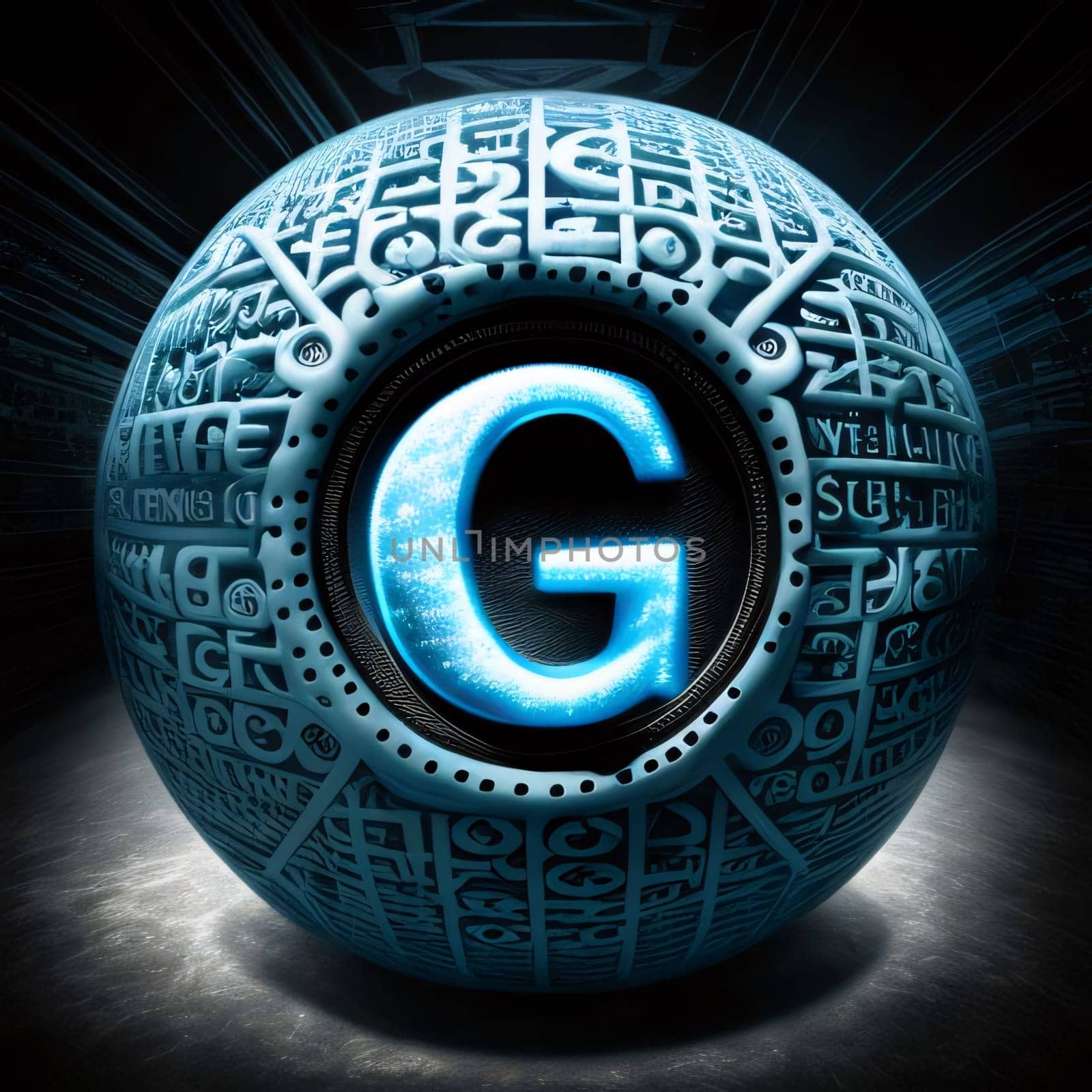 Graphic alphabet letters: G letter in sphere with blue light rays on black background, 3d render