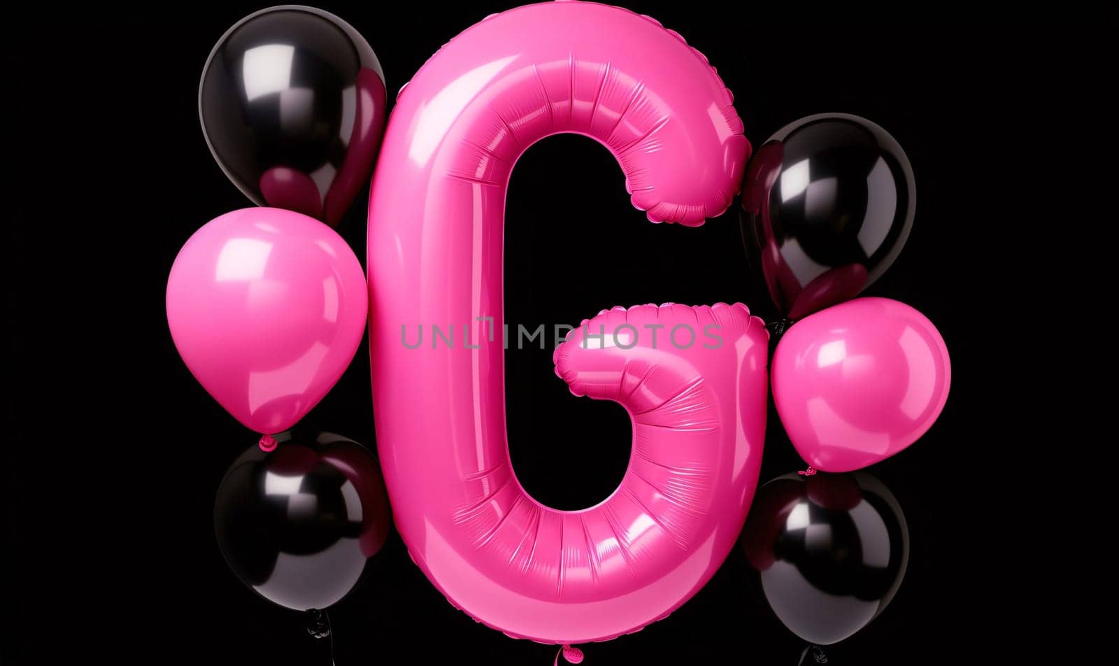 Graphic alphabet letters: Letter G pink balloon with black balloons on a black background. 3D Rendering