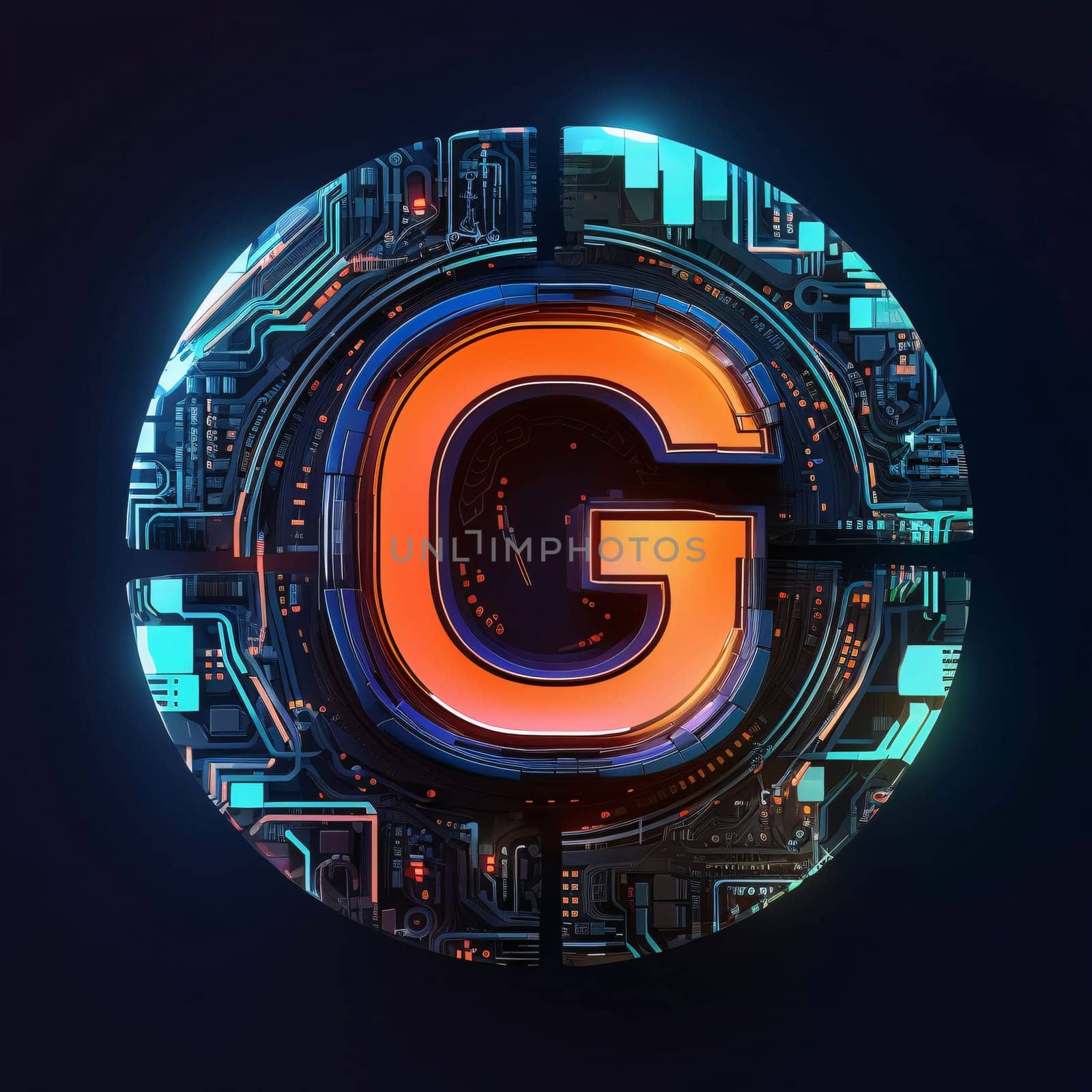 Graphic alphabet letters: 3d illustration of letter G in futuristic HUD style on dark background
