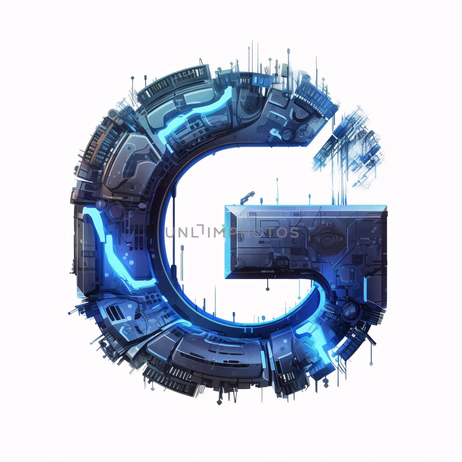 Graphic alphabet letters: 3D rendering of the letter G in futuristic style isolated on white background