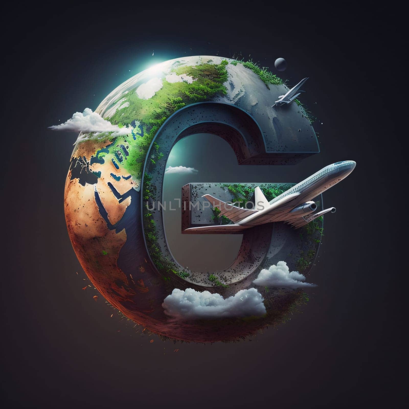 Graphic alphabet letters: Letter G with airplane flying around. Elements of this image are furnished by NASA