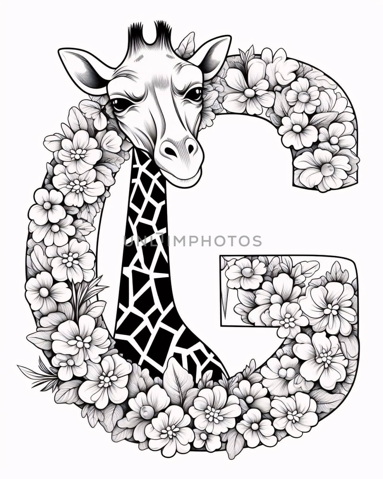 Graphic alphabet letters: Giraffe with floral capital letter G in black and white.