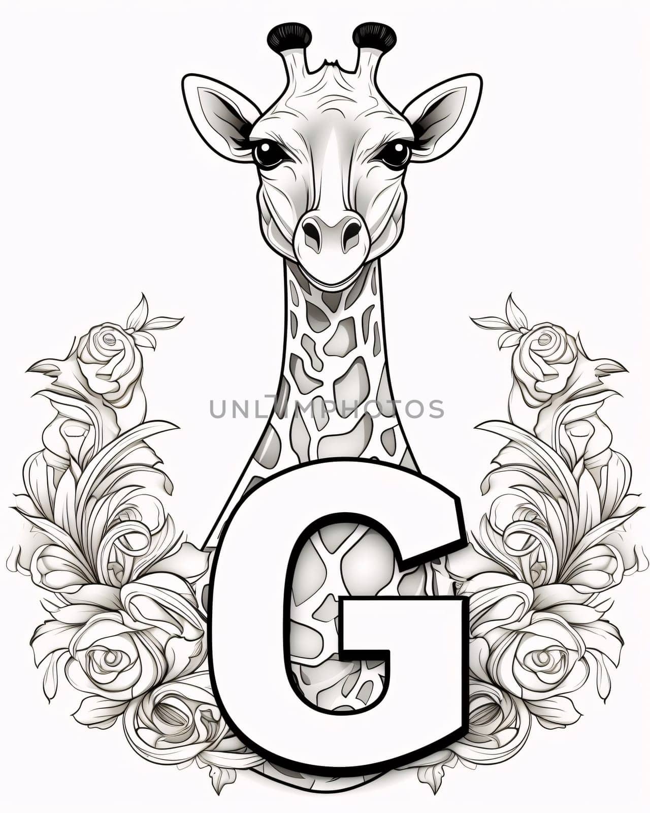 Graphic alphabet letters: Giraffe letter G for coloring book. Vector Illustration.