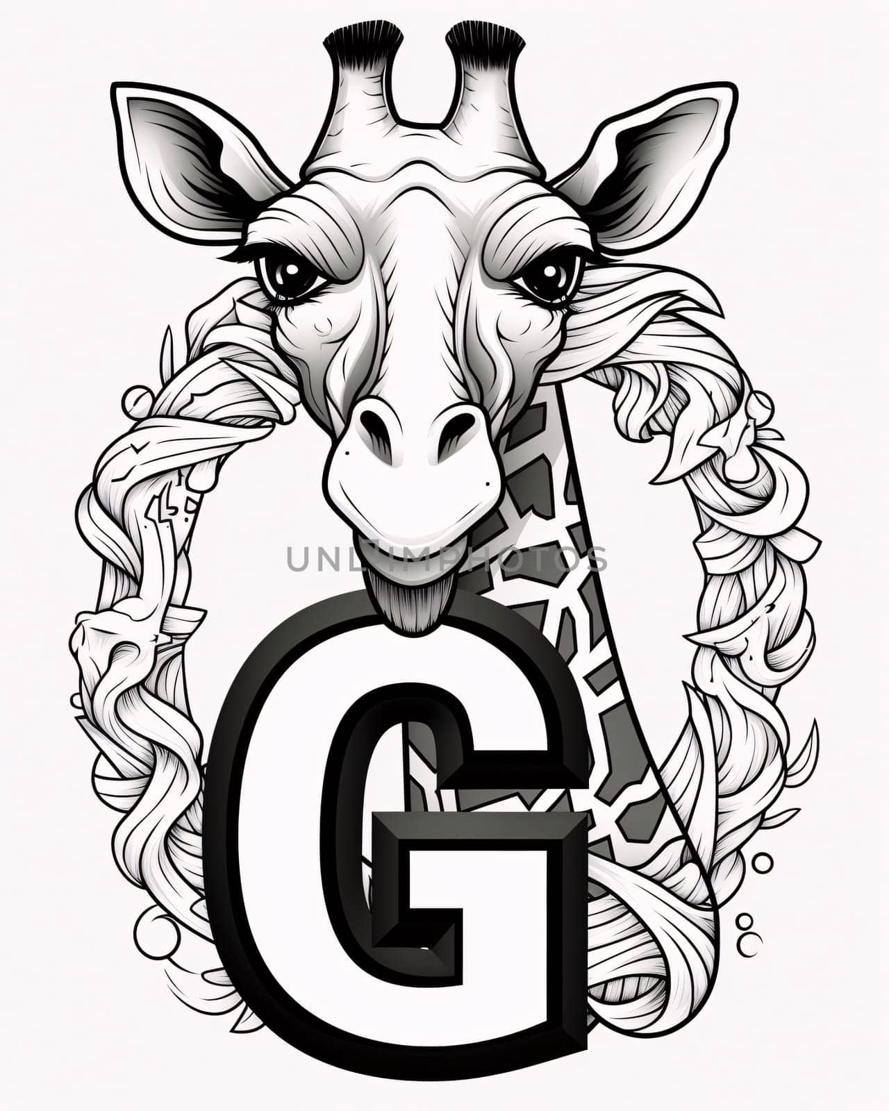 Giraffe head with letter G in black and white illustration. by ThemesS