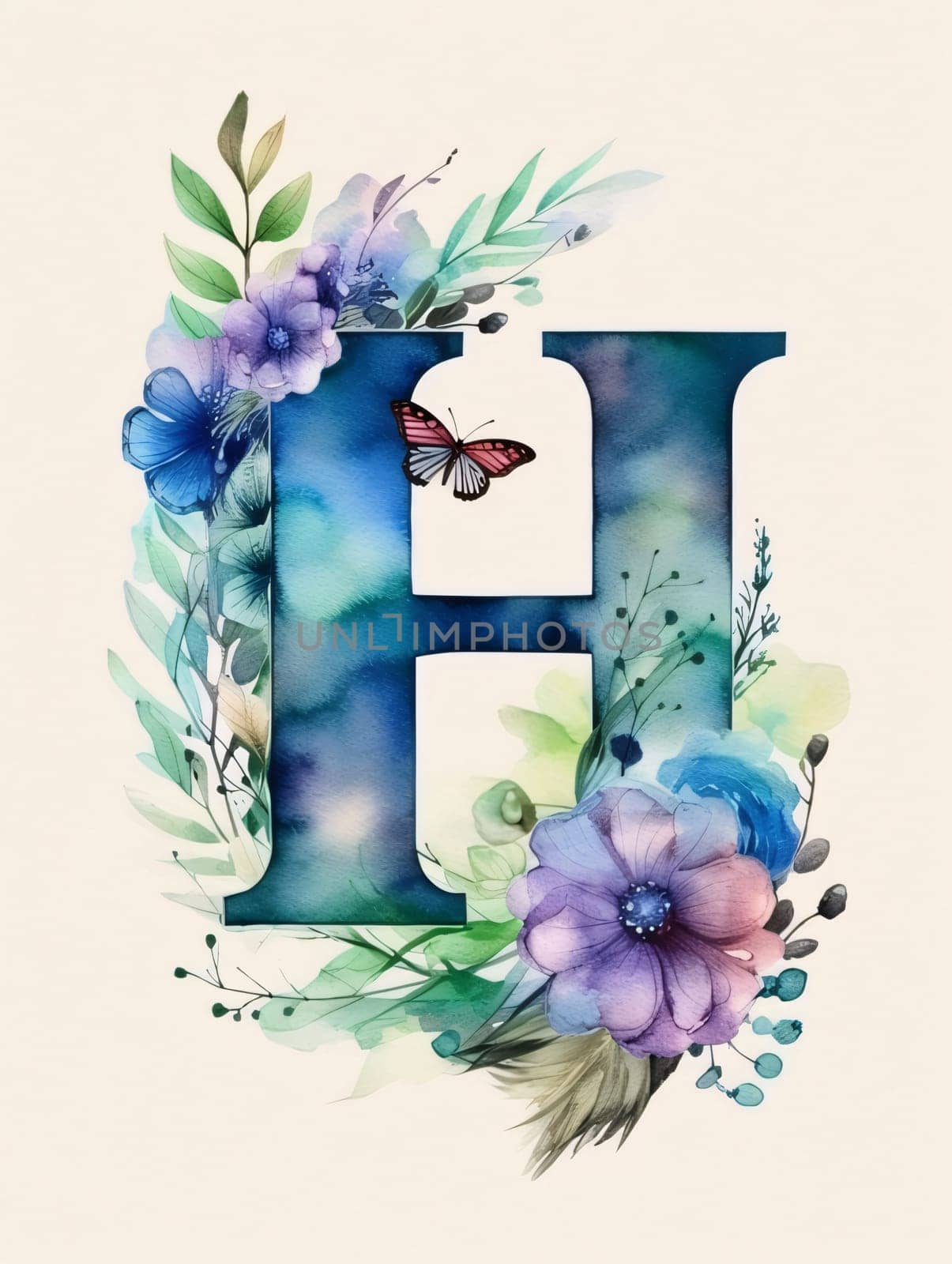 Watercolor letter H with flowers and leaves. Hand drawn illustration. by ThemesS