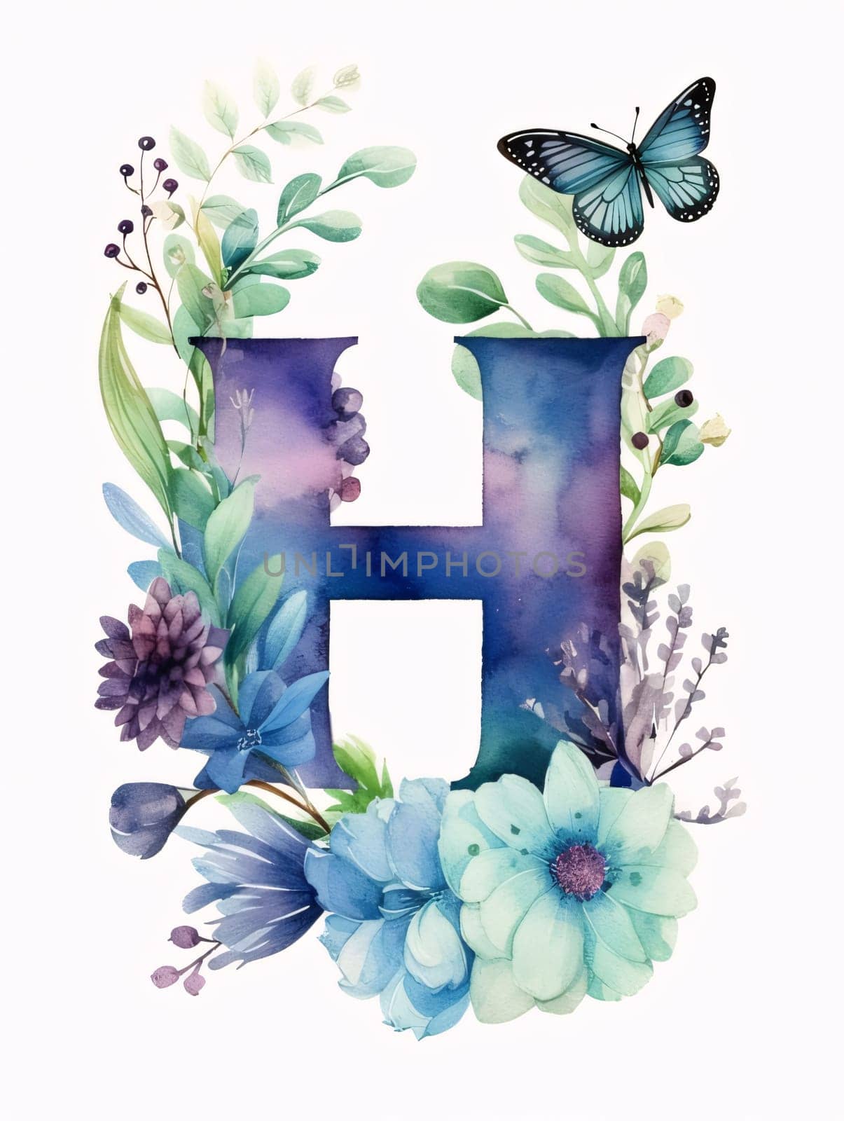 Graphic alphabet letters: Watercolor letter H with flowers, leaves and butterfly. Floral font.
