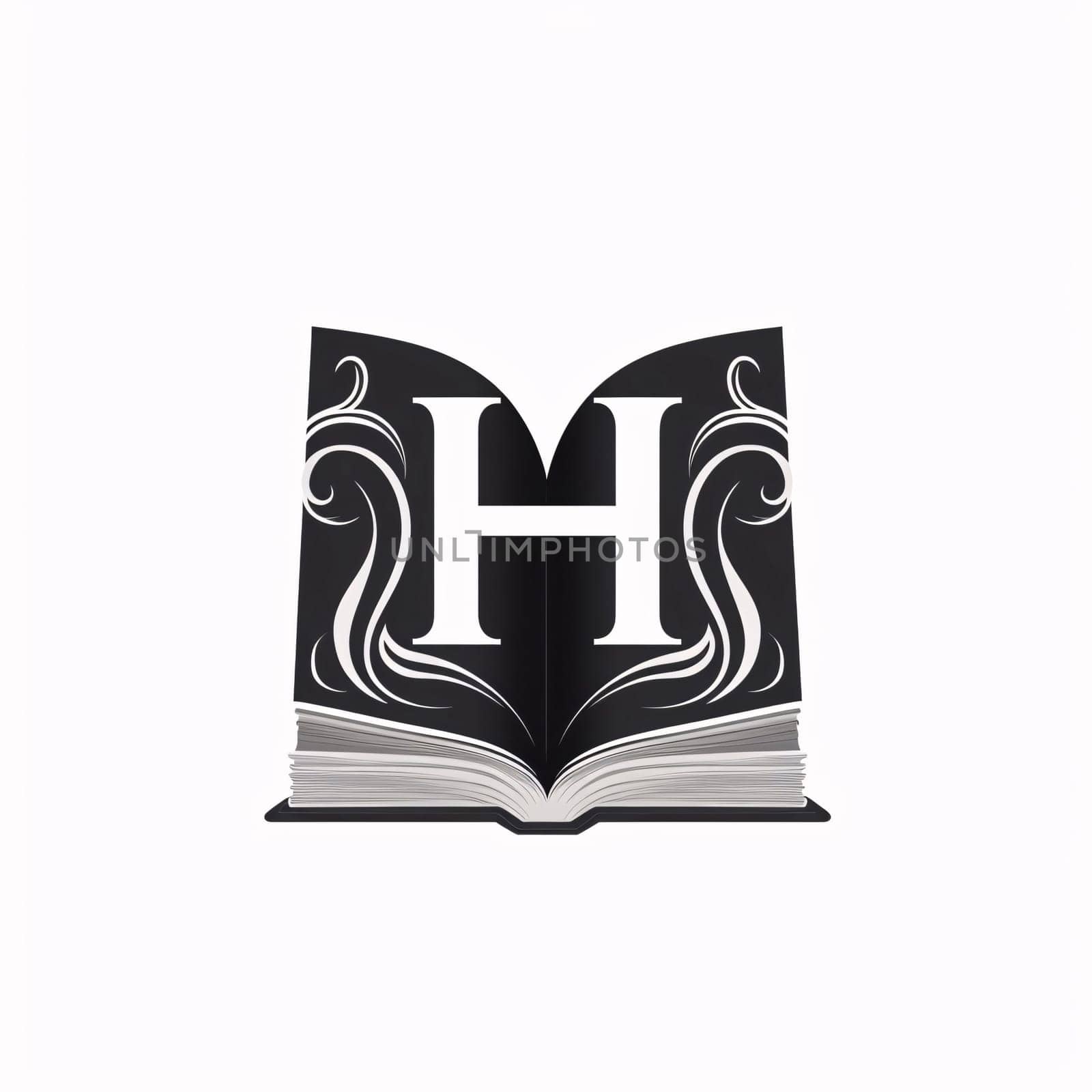 Graphic alphabet letters: Letter H in a book, black and white, vector illustration.