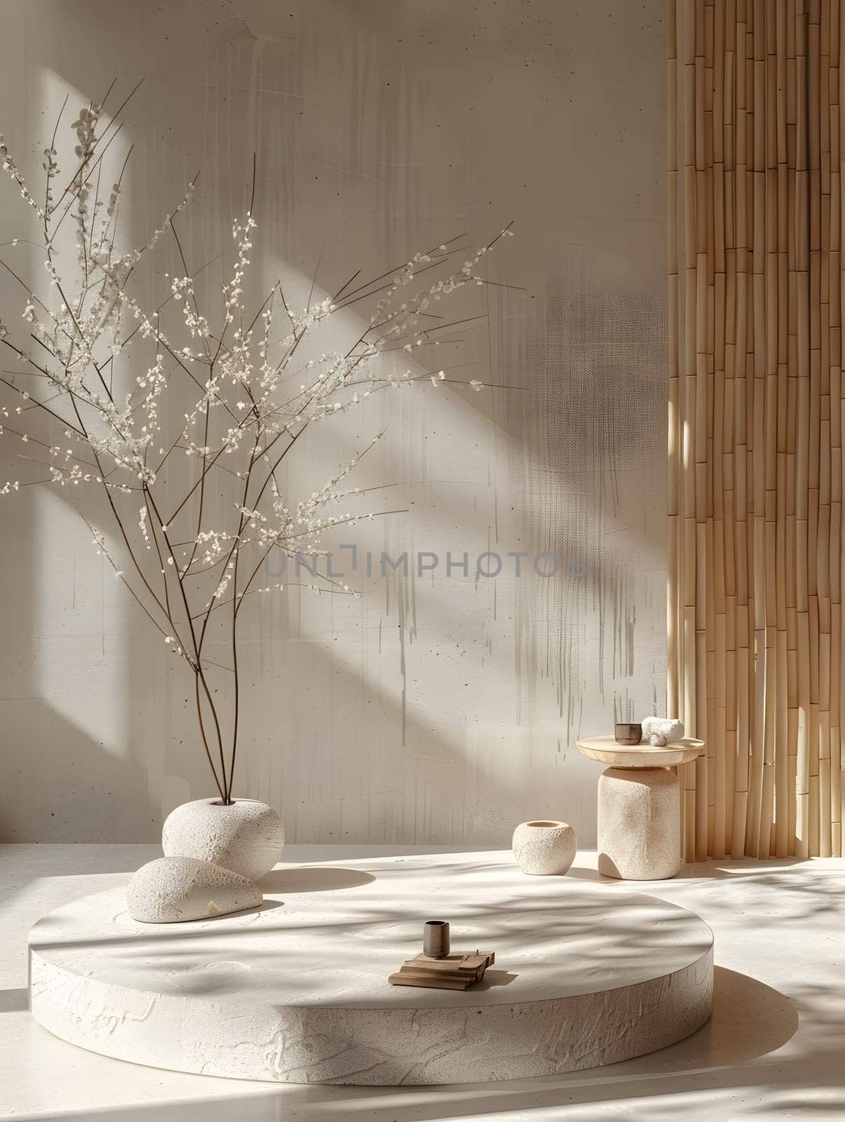 A beautiful wooden vase with colorful flowers sits on the hardwood table in the center of the room, enhancing the artful ambiance with its delicate twigs and vibrant tints and shades