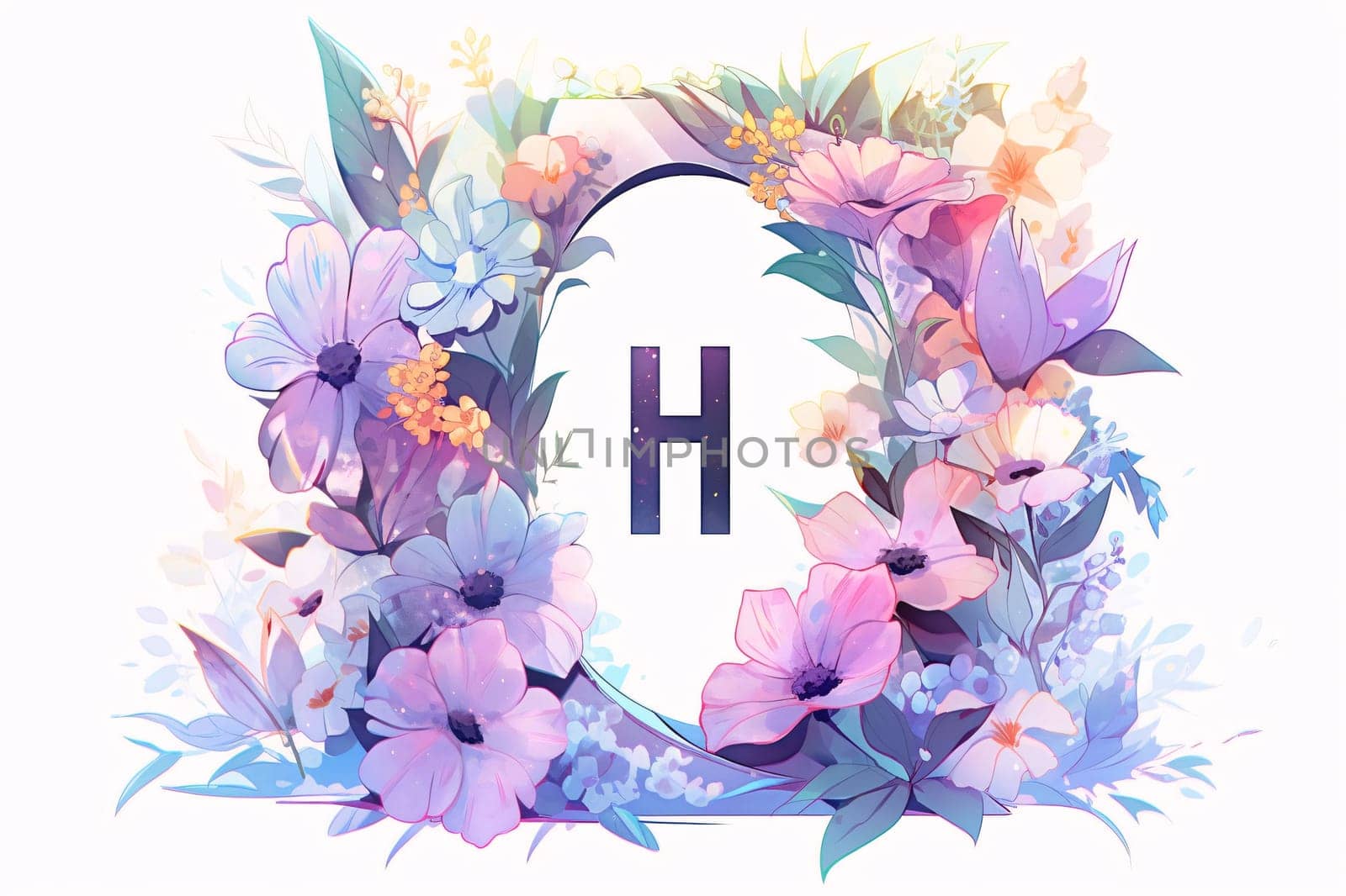 Graphic alphabet letters: Floral Greeting Card with Letter H. Vector Illustration