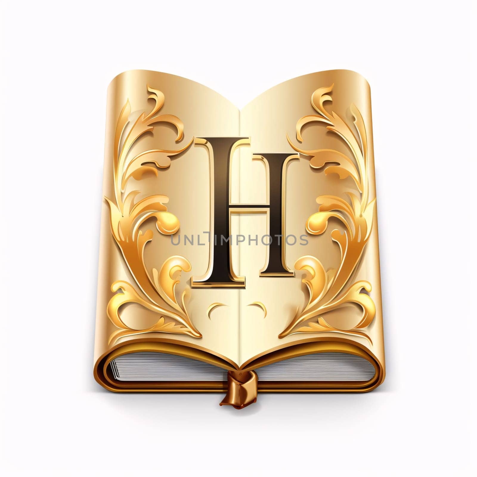 Graphic alphabet letters: Letter H in a book with gold ornament on a white background.