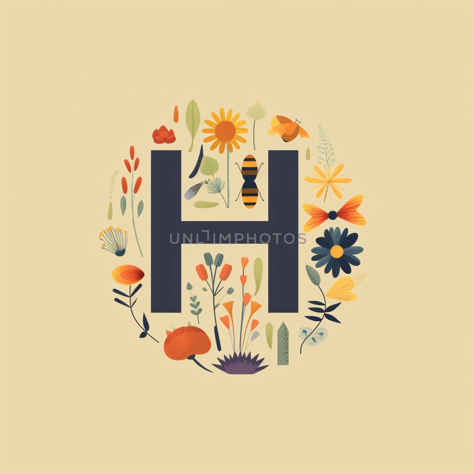 Graphic alphabet letters: H letter with flowers, leaves and bees. Vector Illustration.