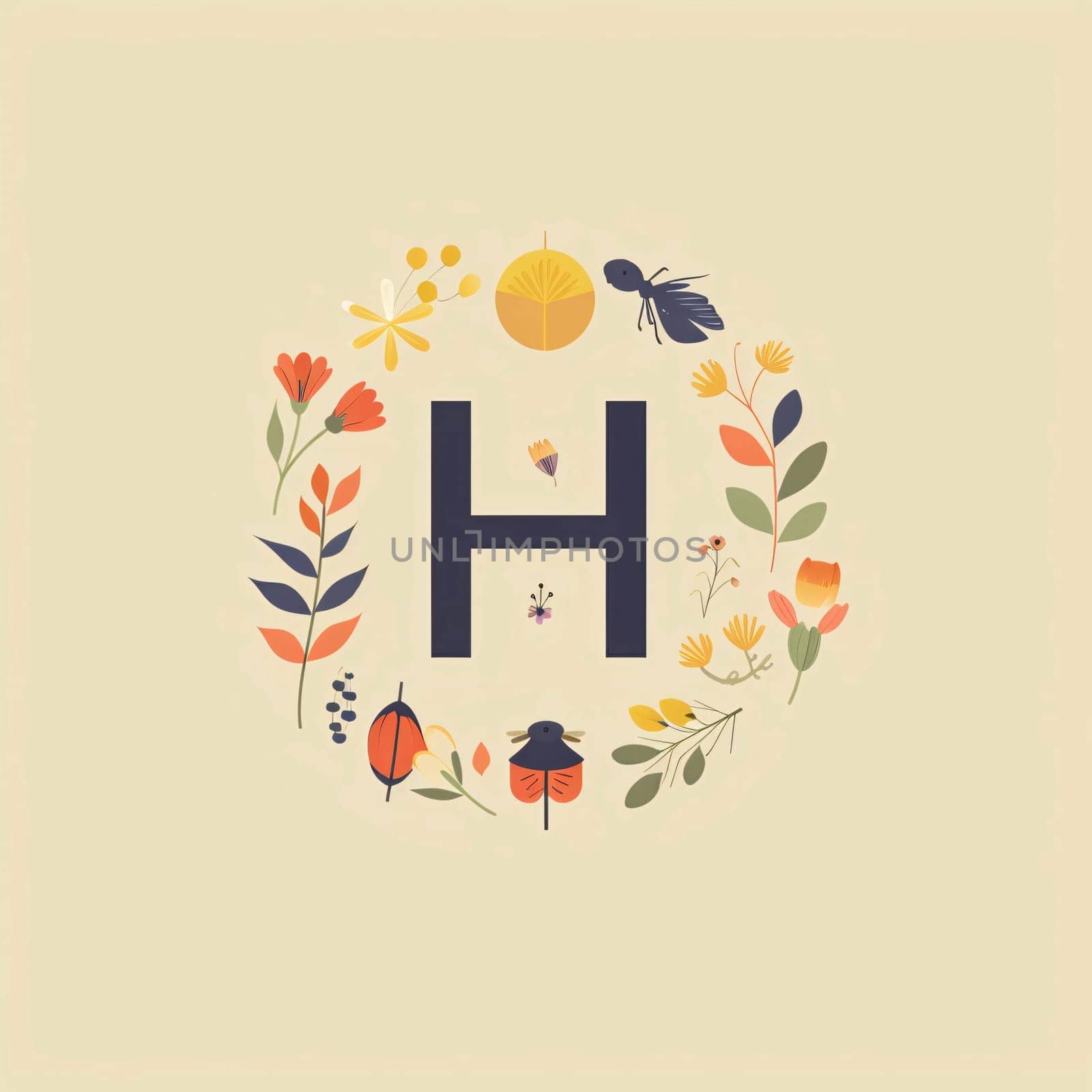 Graphic alphabet letters: H letter in floral frame. Hand drawn lettering. Vector illustration.