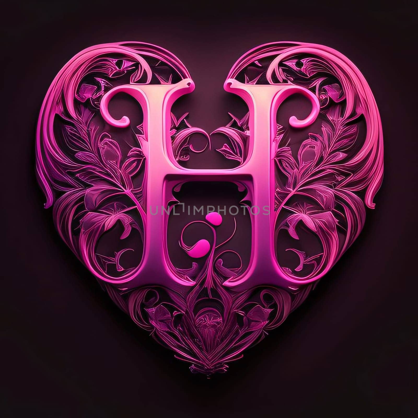 Graphic alphabet letters: Luxury heart with floral ornament on dark background. 3d render