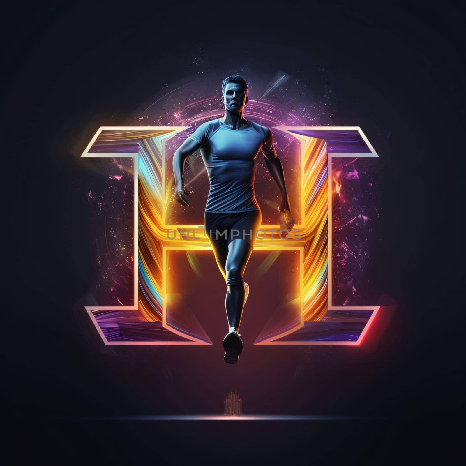Graphic alphabet letters: Digital illustration of a running man in front of a luminous symbol