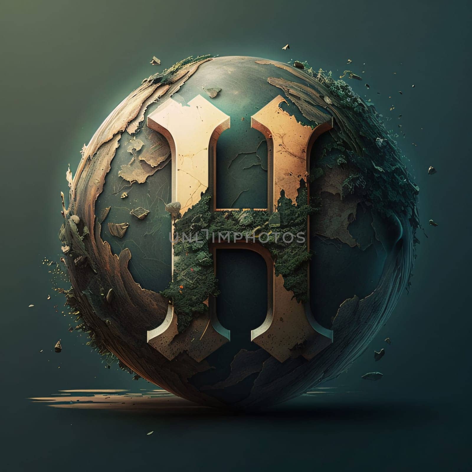 Graphic alphabet letters: Earth planet with grunge letter H. 3D render illustration.