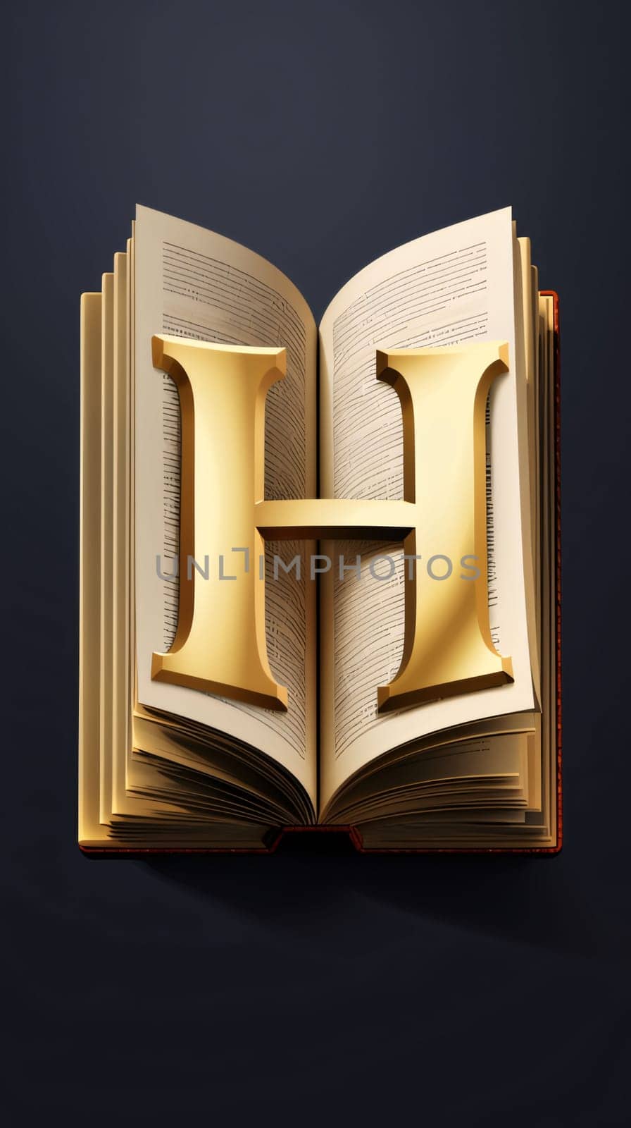 Graphic alphabet letters: Golden letter H on the open book. Education concept. 3D rendering