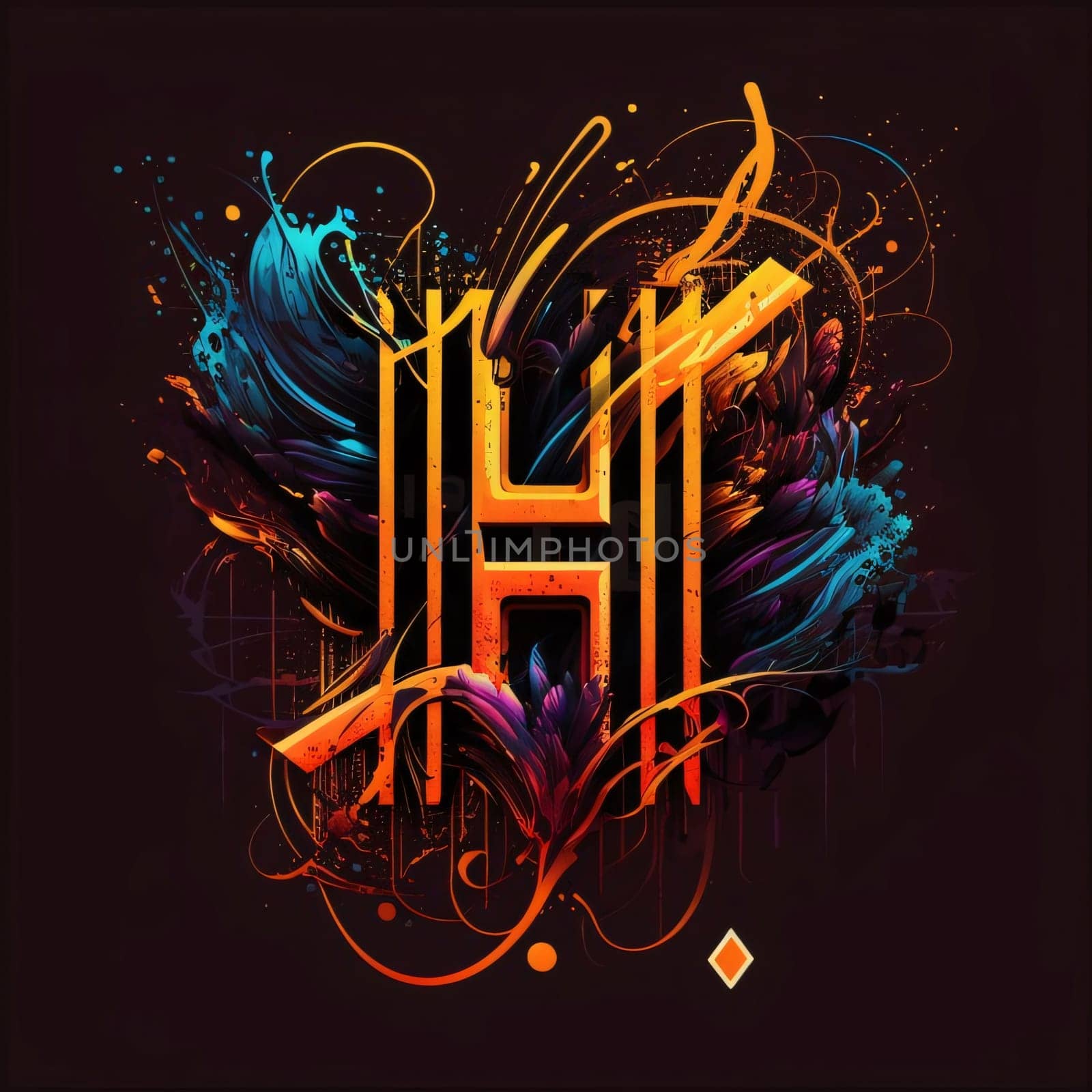 Graphic alphabet letters: H letter with colorful paint splashes on black background. Vector illustration.