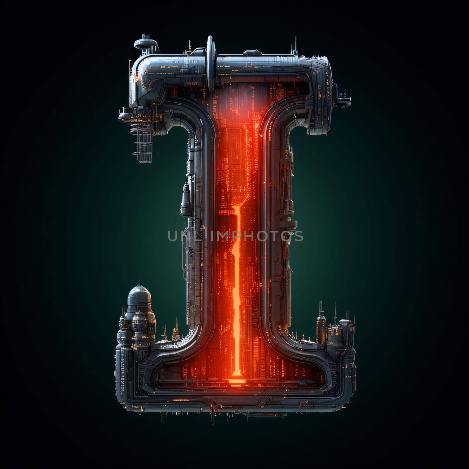 Graphic alphabet letters: Futuristic letter I made of neon glowing lights. Technology font. 3D rendering