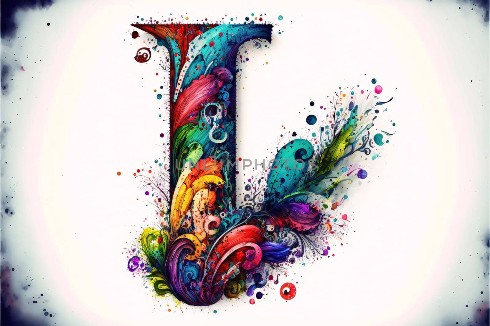 Letter I filled with colorful abstract paint splashes. Grunge background by ThemesS