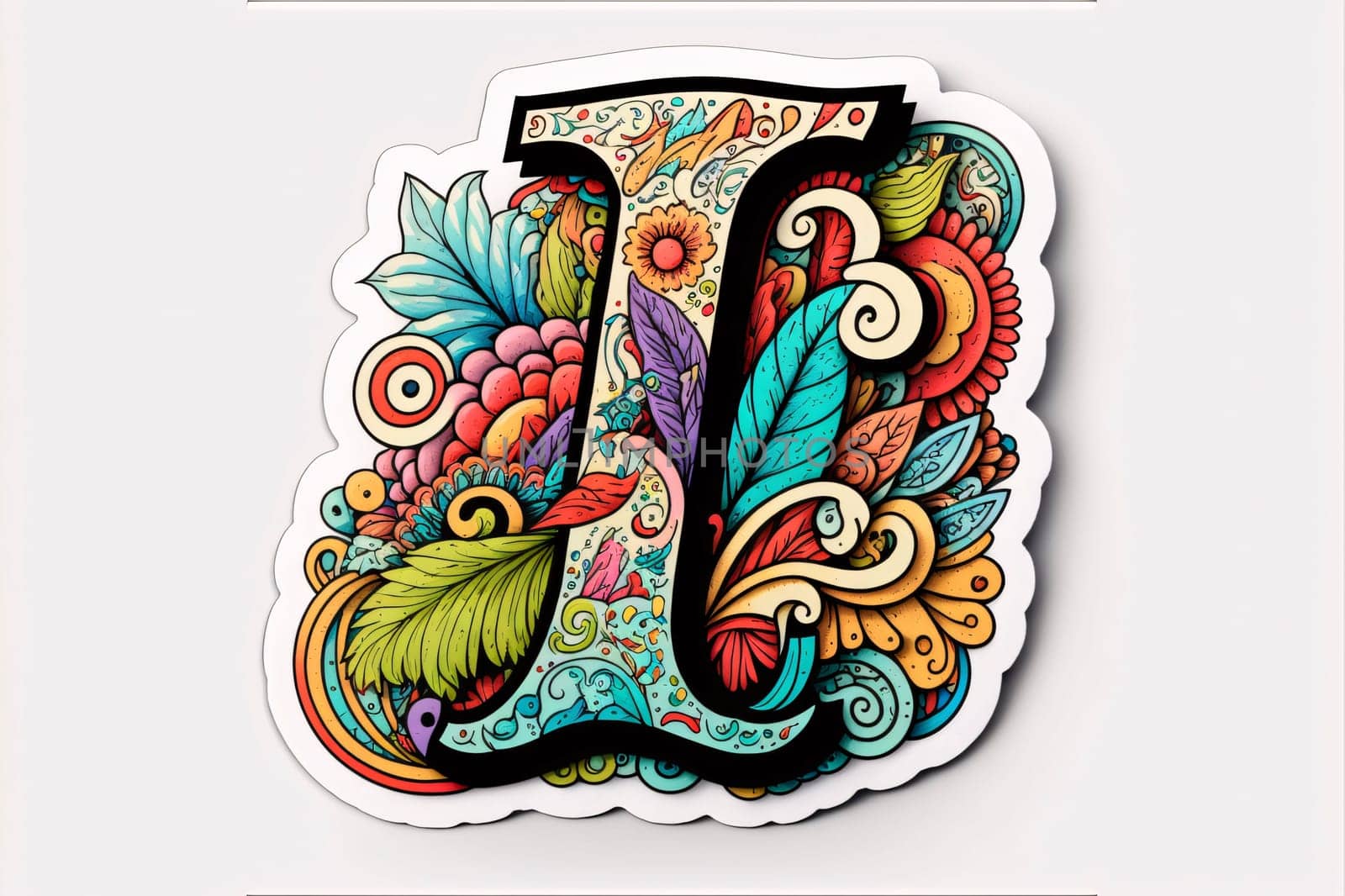 Graphic alphabet letters: Hand drawn letter I with floral doodles. Colorful vector illustration