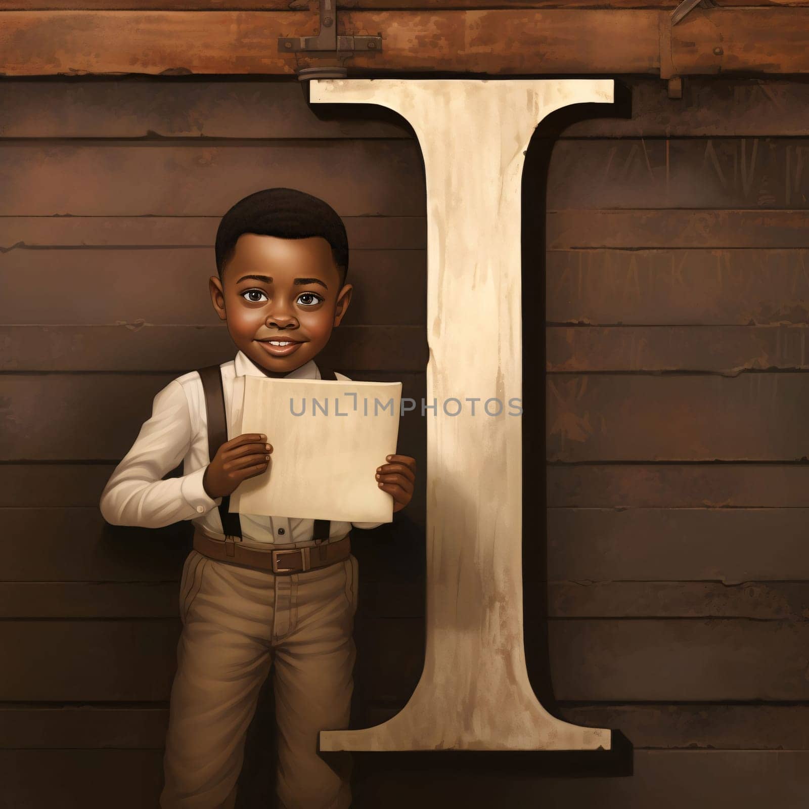 Graphic alphabet letters: African american boy holding a letter, 3d render, alphabet