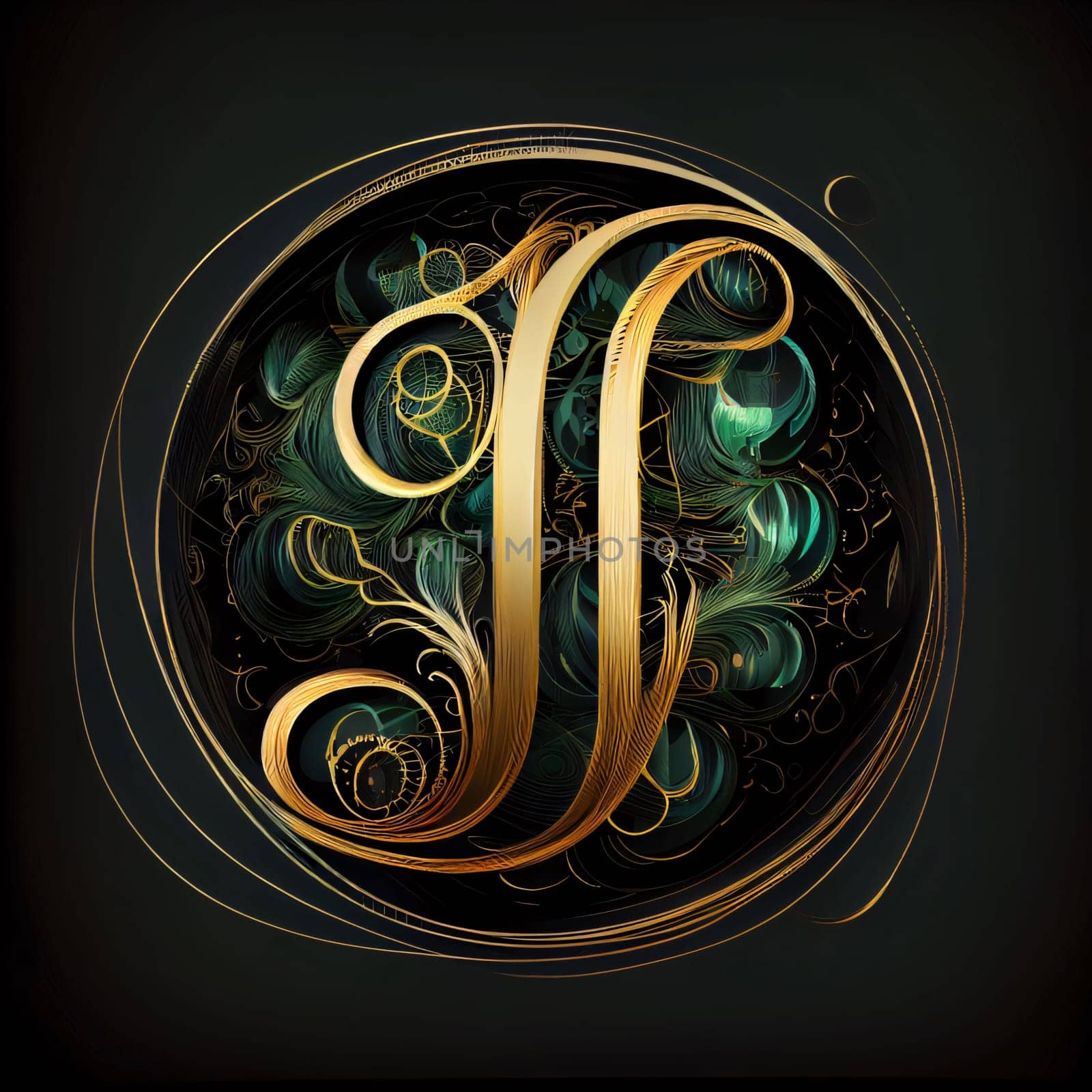 Golden letter I with swirls and floral ornament. Vector illustration. by ThemesS