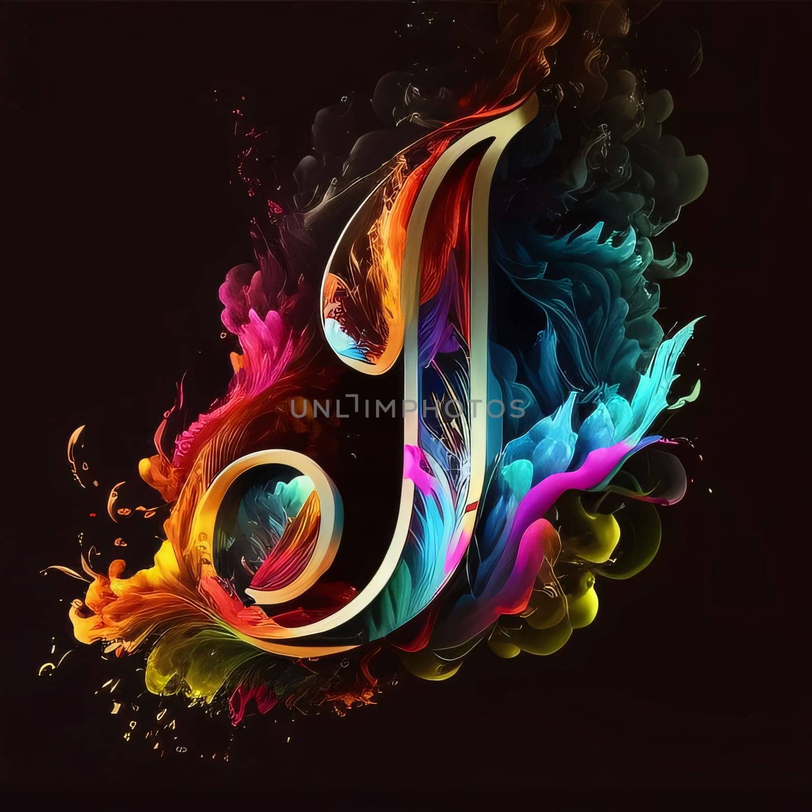 Colorful explosion with letter J on black background. Vector illustration. by ThemesS