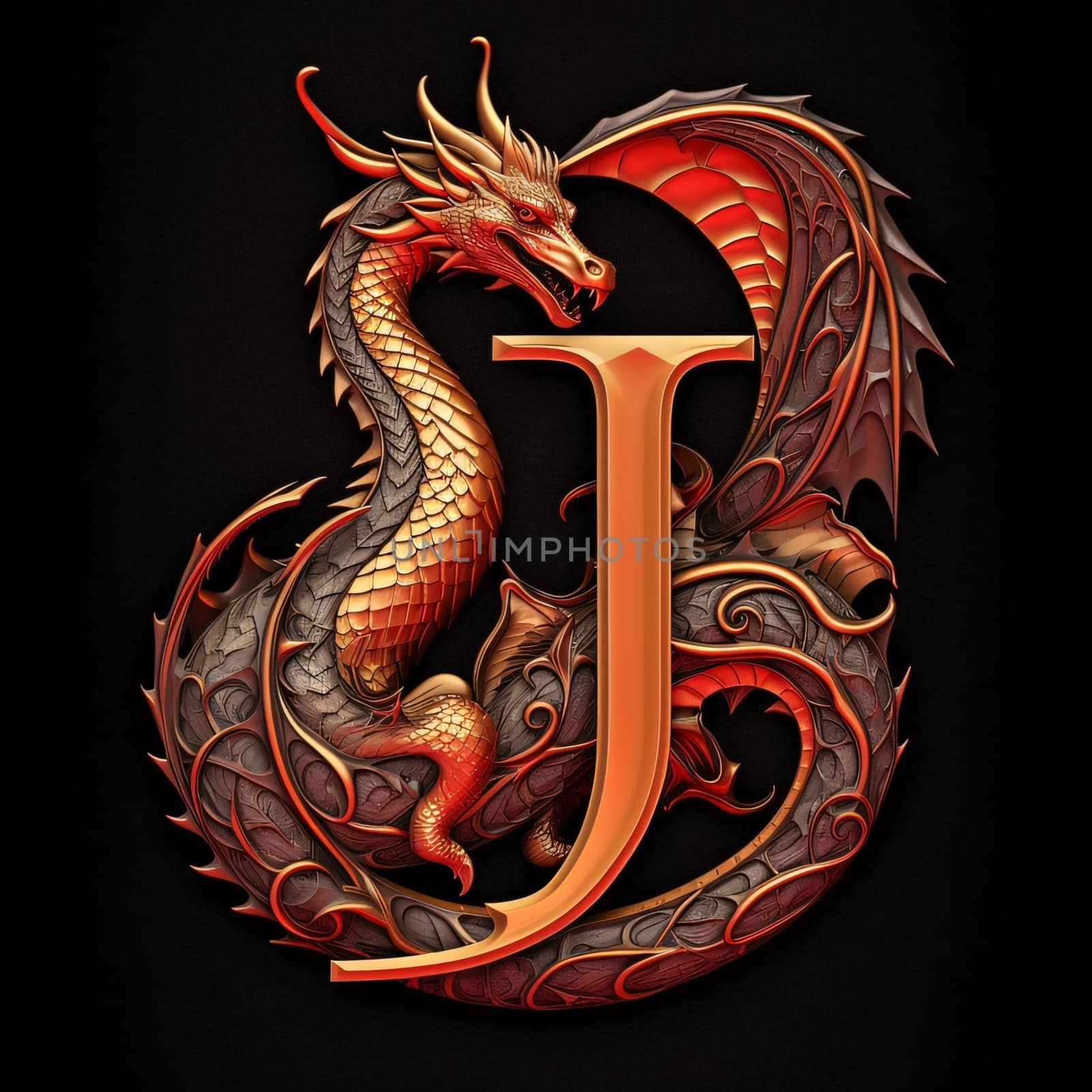 Graphic alphabet letters: Dragon letter j on a black background. 3d render illustration.