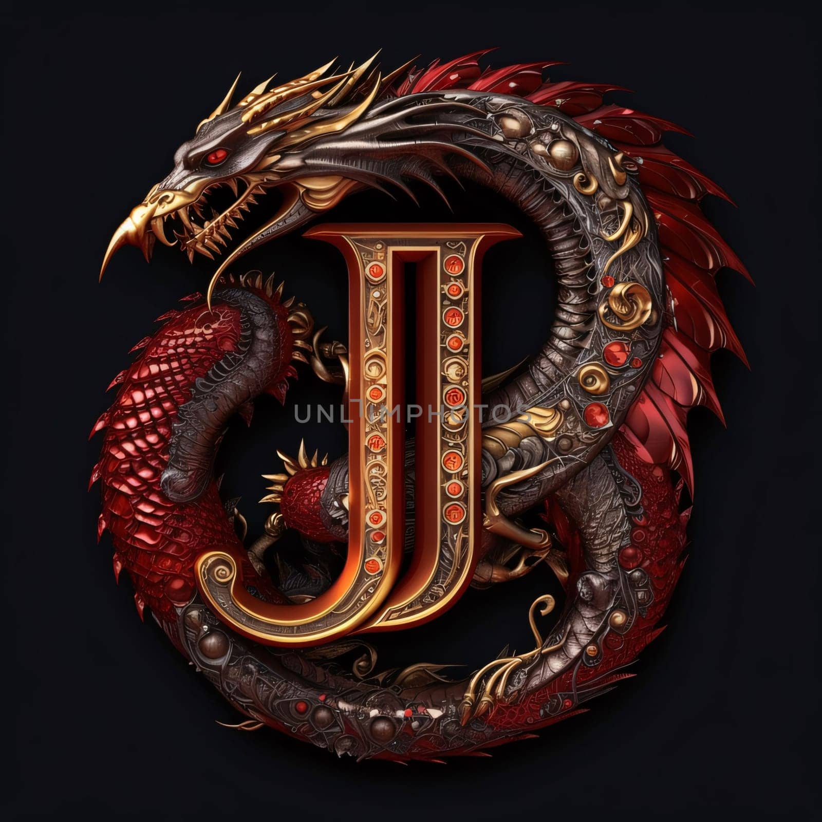 Graphic alphabet letters: Dragon letter J on a black background. 3d render. Illustration.