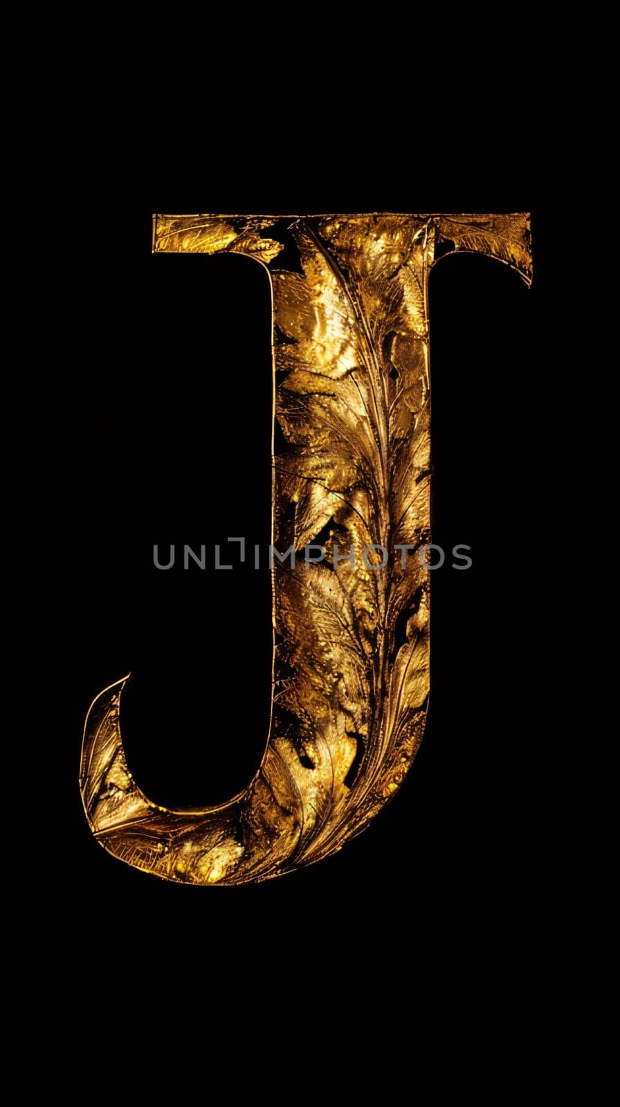 Graphic alphabet letters: The letter J in the old style gold on a black background.