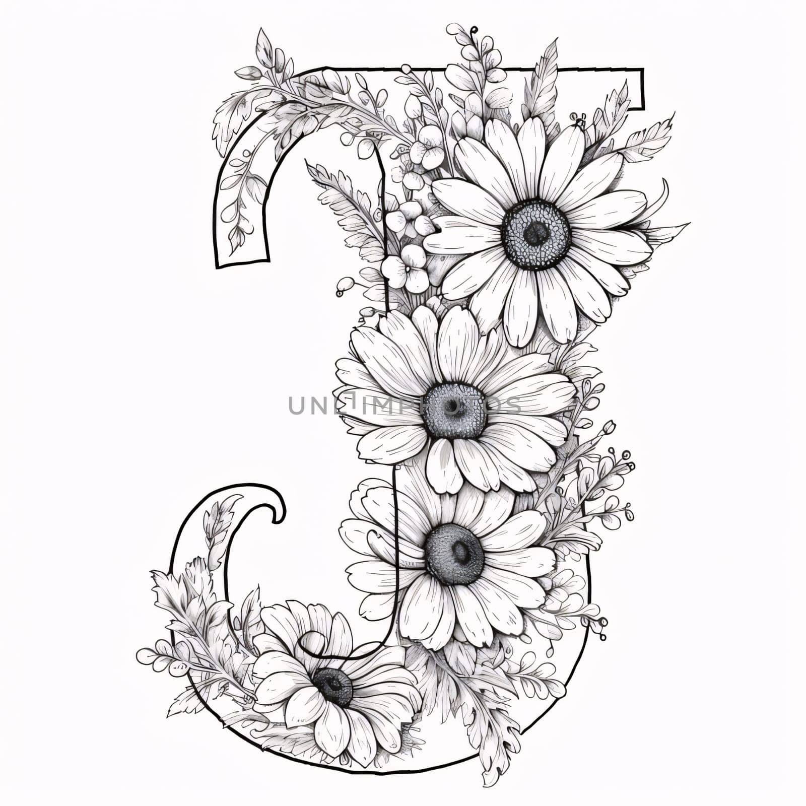 Graphic alphabet letters: Black and white floral alphabet, letter J. Hand drawn flowers and leaves.