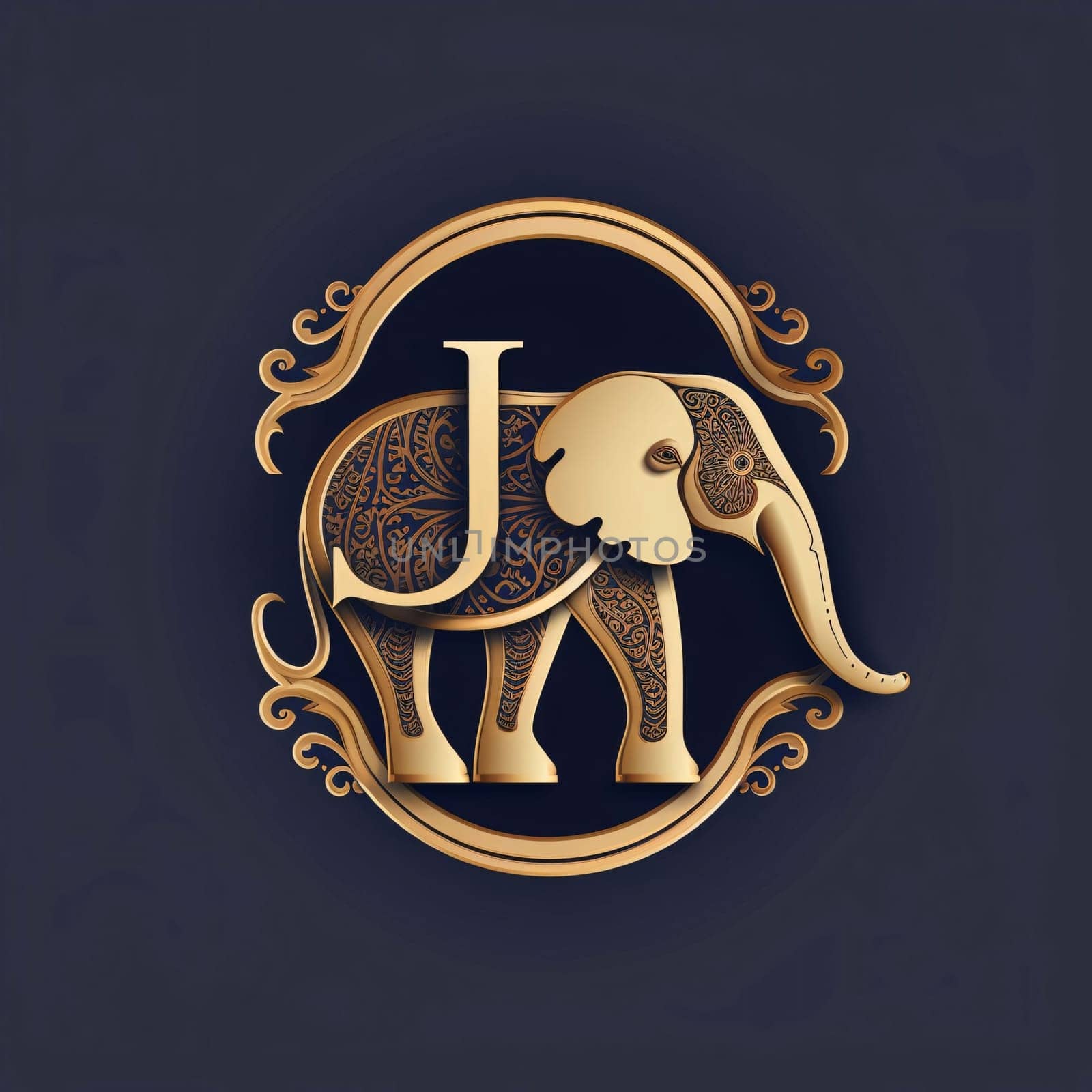 Vector illustration of a gold elephant on a dark blue background. Can be used as a logo, icon or design element. letter J by ThemesS