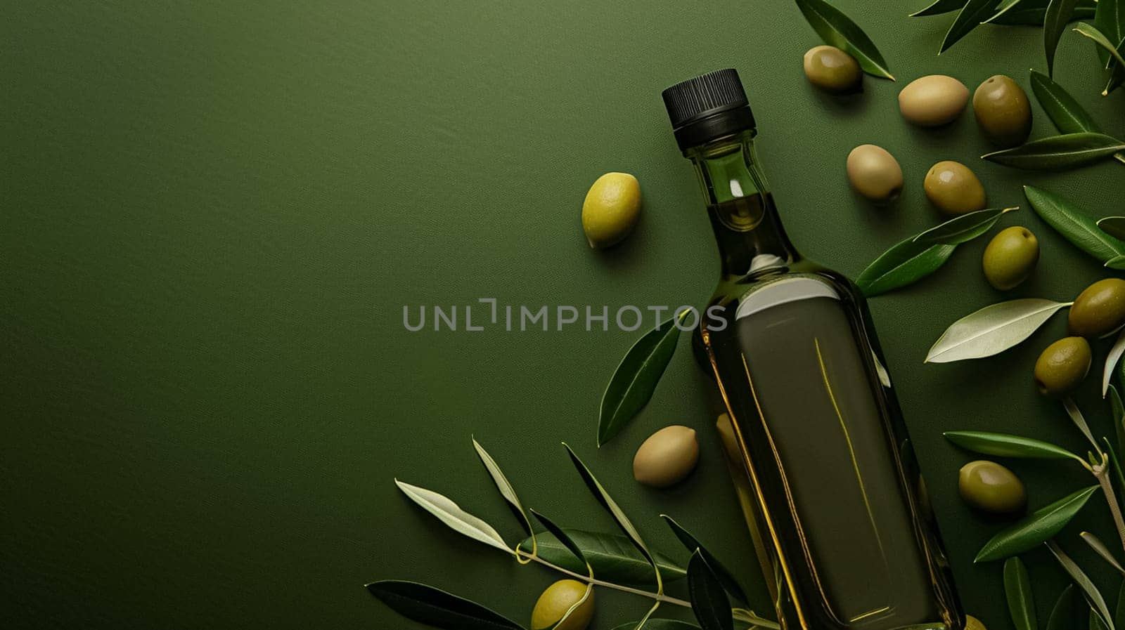 Olive oil bottle ad background with copyspace, vegetable oil commercial produce, food industry and retail concept