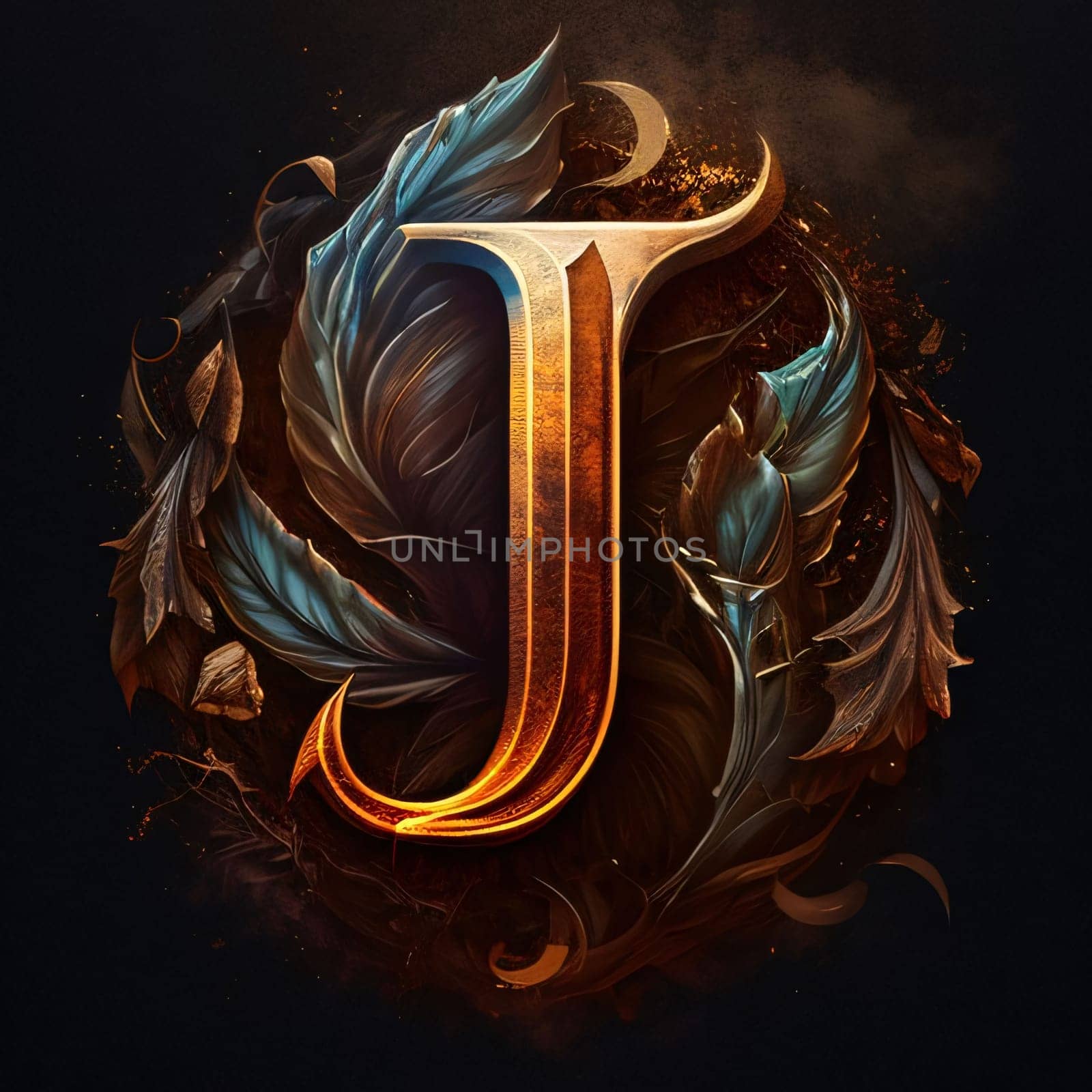 Graphic alphabet letters: Letter J with stylized feathers and flames on the black background.