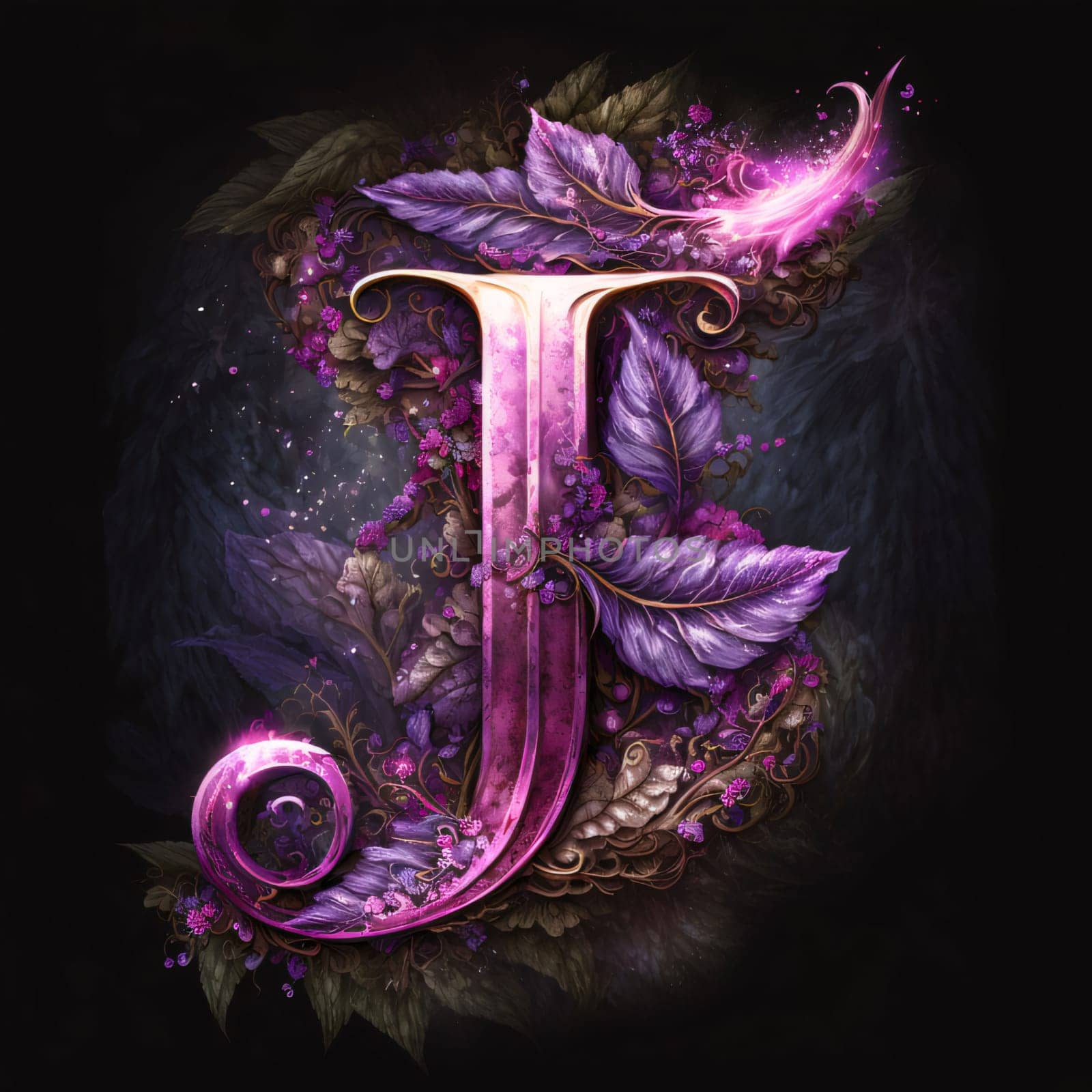Graphic alphabet letters: Beautiful letter J with purple flowers and leaves on black background.