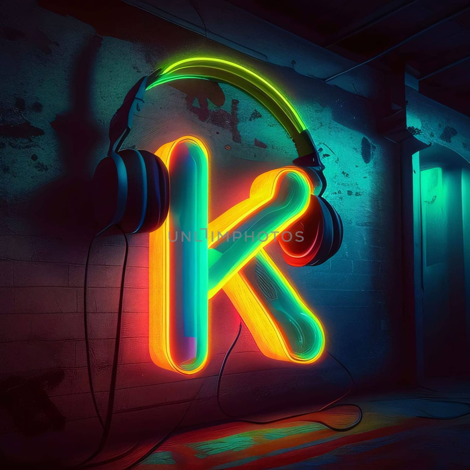 Graphic alphabet letters: Neon letter K with headphones in a dark room. 3D rendering