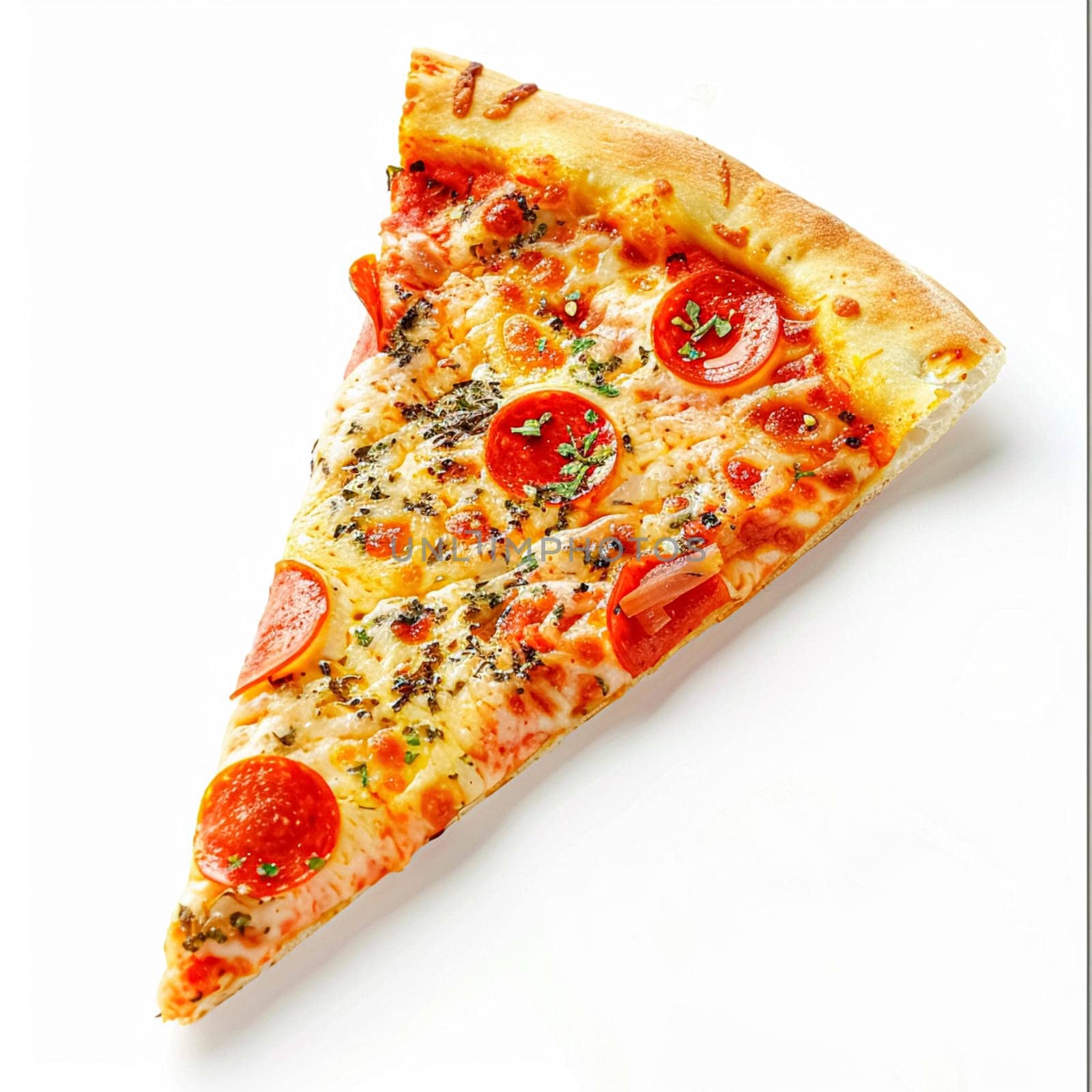 Pizza slice isolated on white background, online delivery from pizzeria, take away and fast food by Anneleven