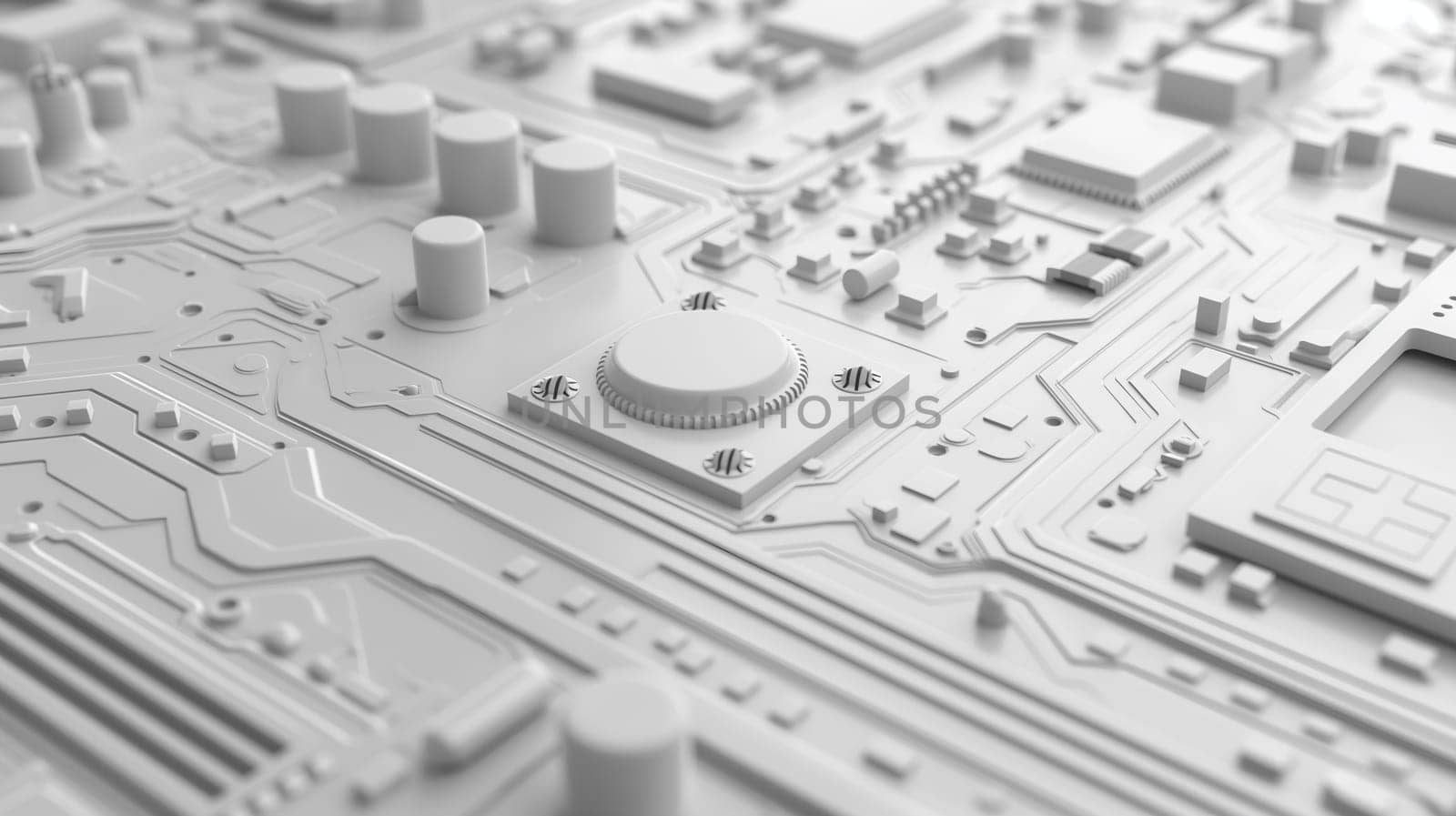 A close-up capture of a detailed monochrome circuit board highlighting the intricate pathways and electronic components - Generative AI