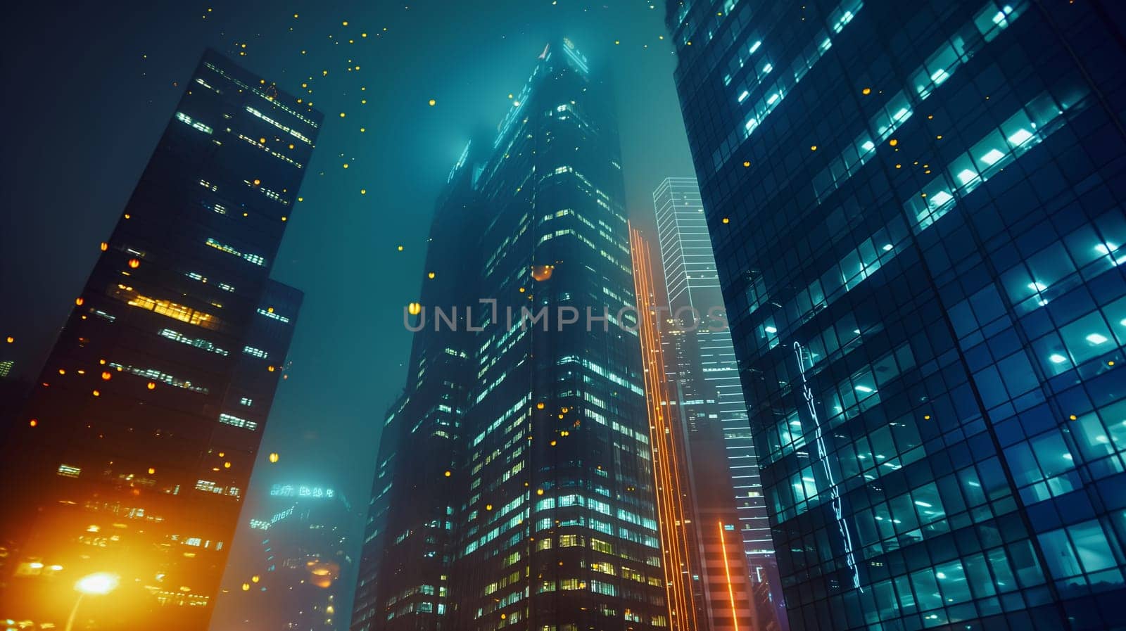 Skyscrapers tower into a foggy night sky, with lights from windows punctuating the darkness and lending the city an ethereal glow - Generative AI