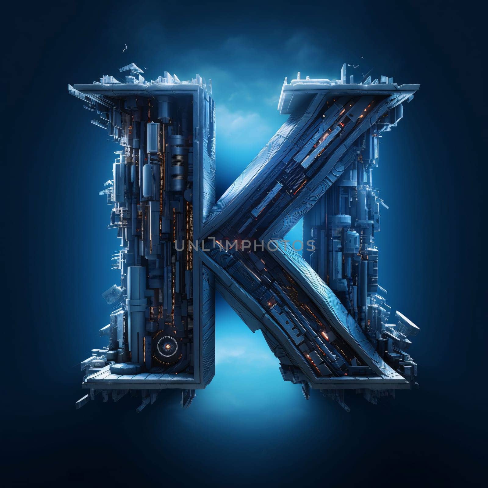 Graphic alphabet letters: Futuristic letter K made of futuristic elements on dark blue background