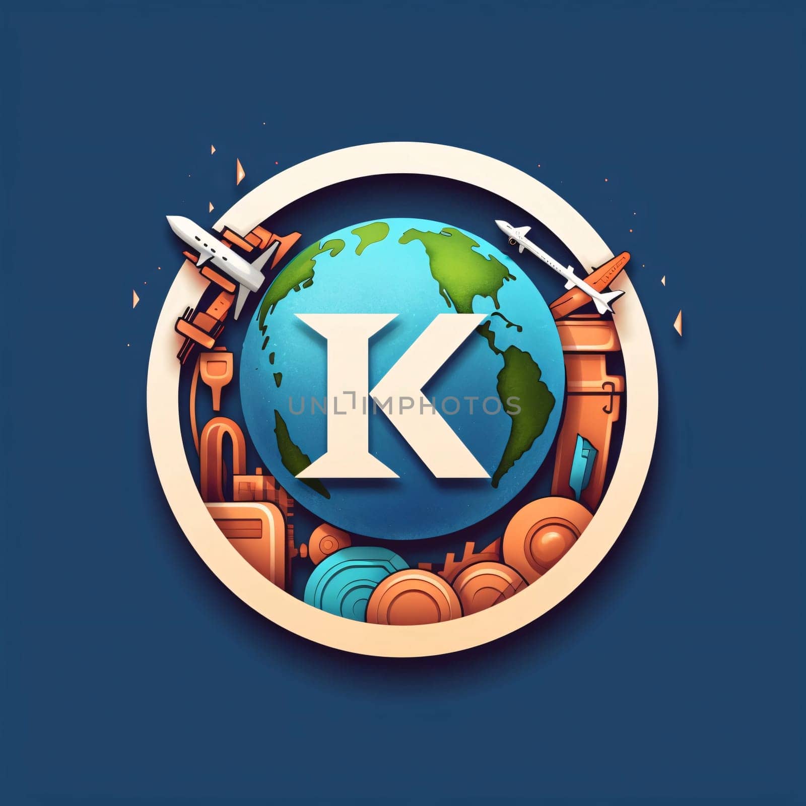 Graphic alphabet letters: Vector illustration of the planet Earth with the letter K in the center.
